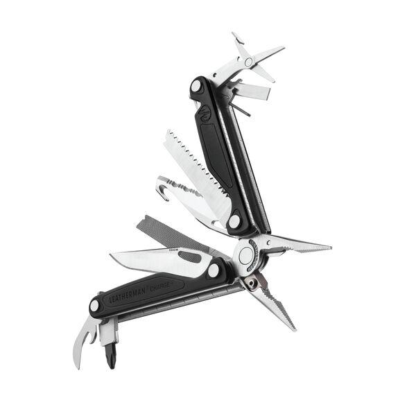 Das LEATHERMAN CHARGE PLUS Multitool in Schwarz und Silber ist auf weißem Hintergrund mit Zange, Schraubenzieher, Wellenschliffmesser, Feile und ausgefahrenem Flaschenöffner abgebildet.