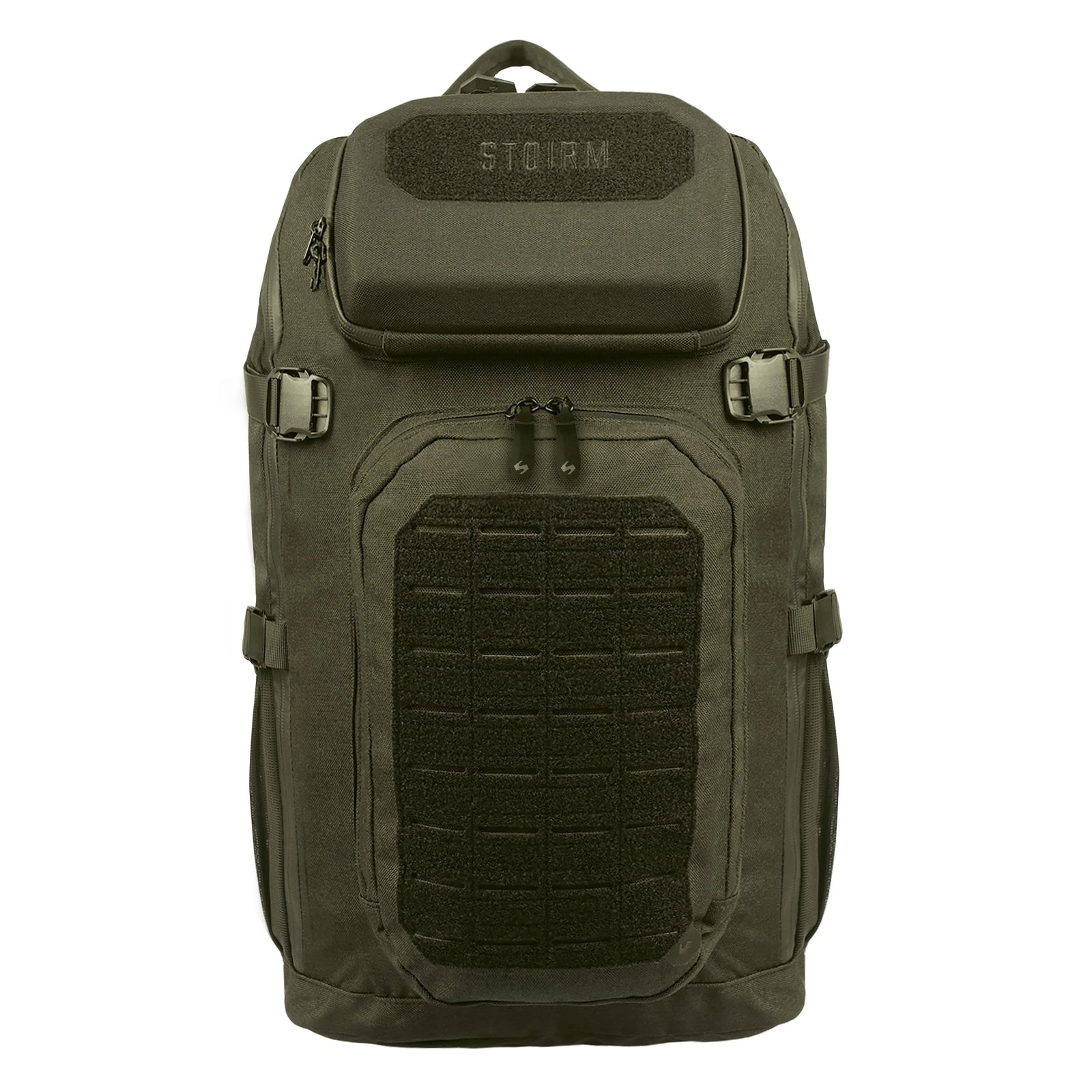 Der STOIRM 25L Tactical Pack GEN2 von STOIRM ist ein großer Rucksack in Ranger-Grün aus robustem 1000D-Nylon mit mehreren Fächern, Tragegriff oben, verstellbaren Seitengurten und schwarzen Klettverschlüssen auf der Vorderseite, aufrecht auf weißem Hintergrund.