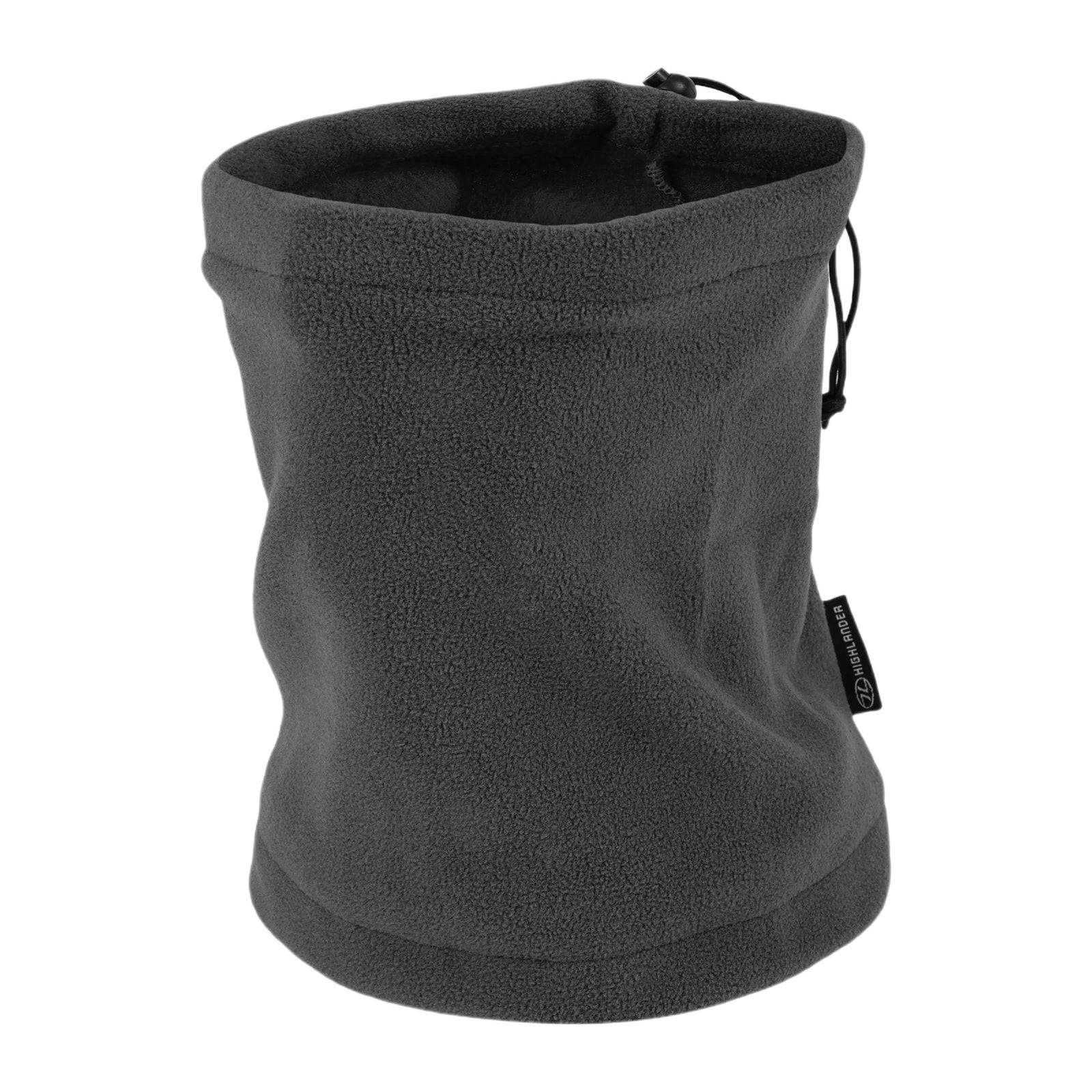 Der HIGHLANDER OUTDOOR Polar Fleece Neck Warmer in Grau verfügt über einen verstellbaren Kordelzug und ein kleines Markenetikett, das aufrecht auf weißem Hintergrund abgebildet ist.