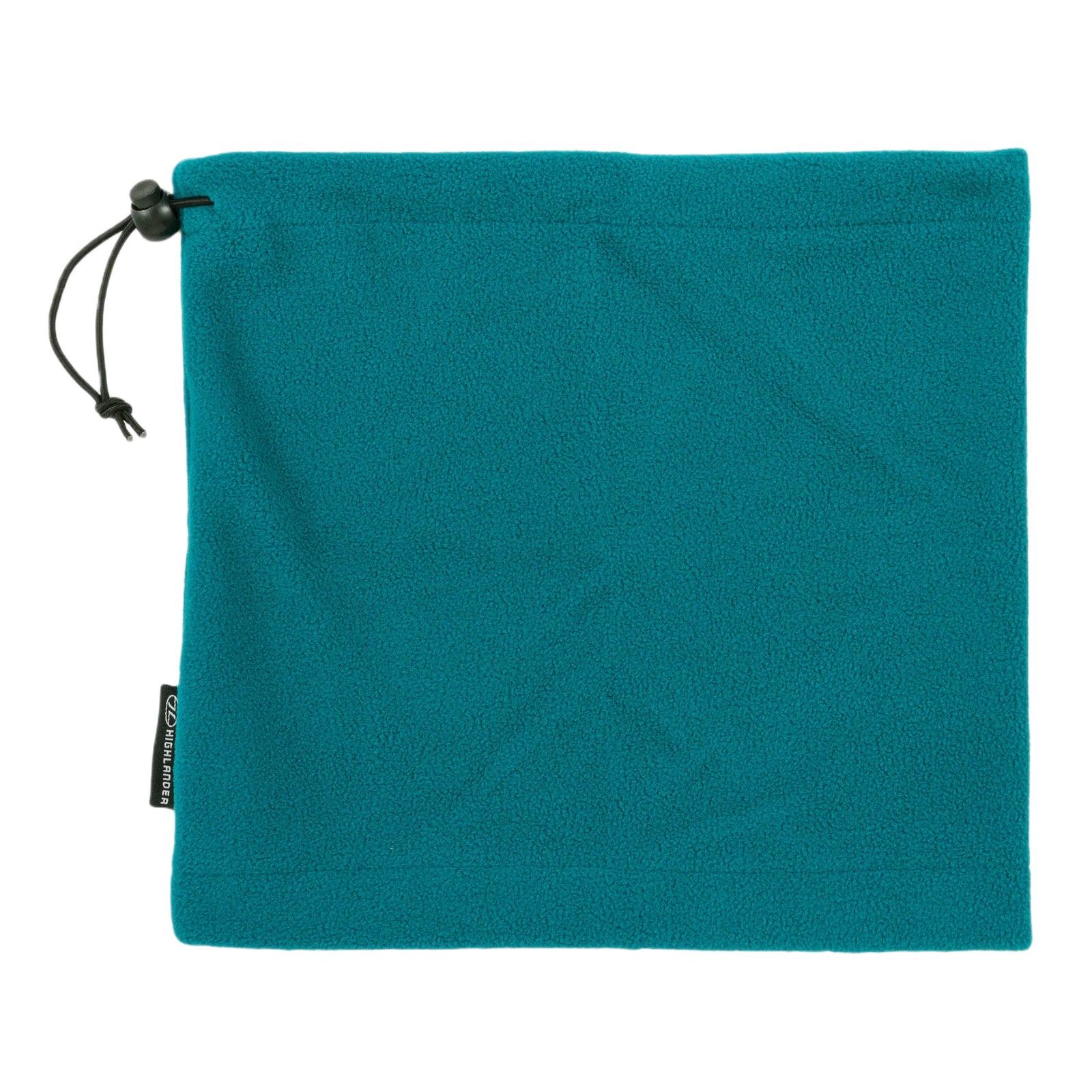 Ein tealfarbener HIGHLANDER OUTDOOR Highlander Polar Fleece Neck Warmer Kordelzugbeutel mit einer schwarzen Kordel mit einem Plastikknopf oben links und einem kleinen schwarzen Anhänger an der Seite, flach auf weißem Hintergrund.