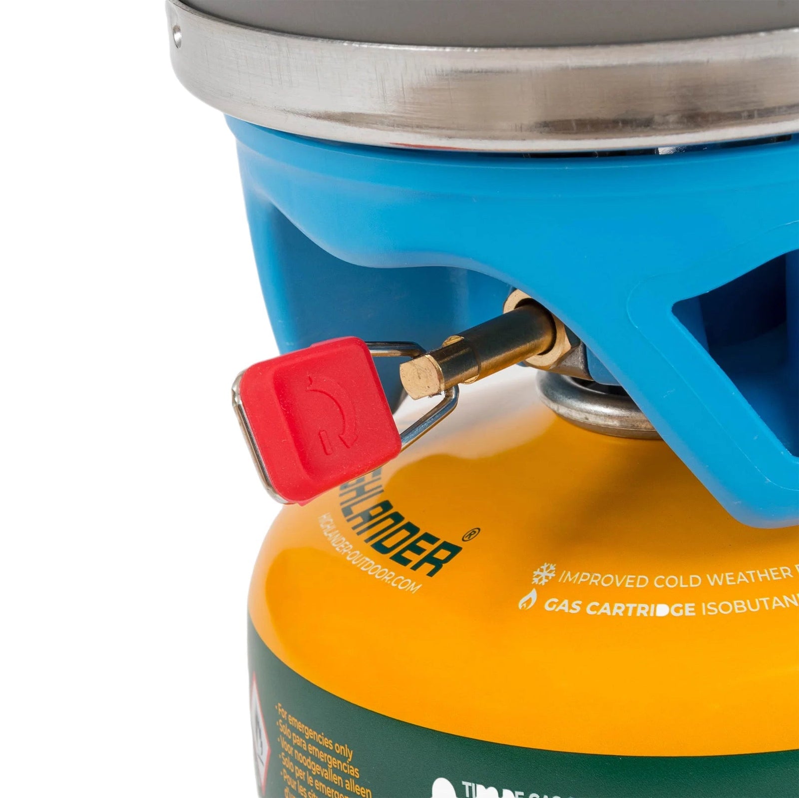 Nahaufnahme des Highlander Camping Gaskocher Blade Fast Boil 3 von HIGHLANDER FORCES, mit rotem Drehknopf am Metallventil und blau-gelbem Gaskanister mit der Aufschrift JETBOIL darunter.