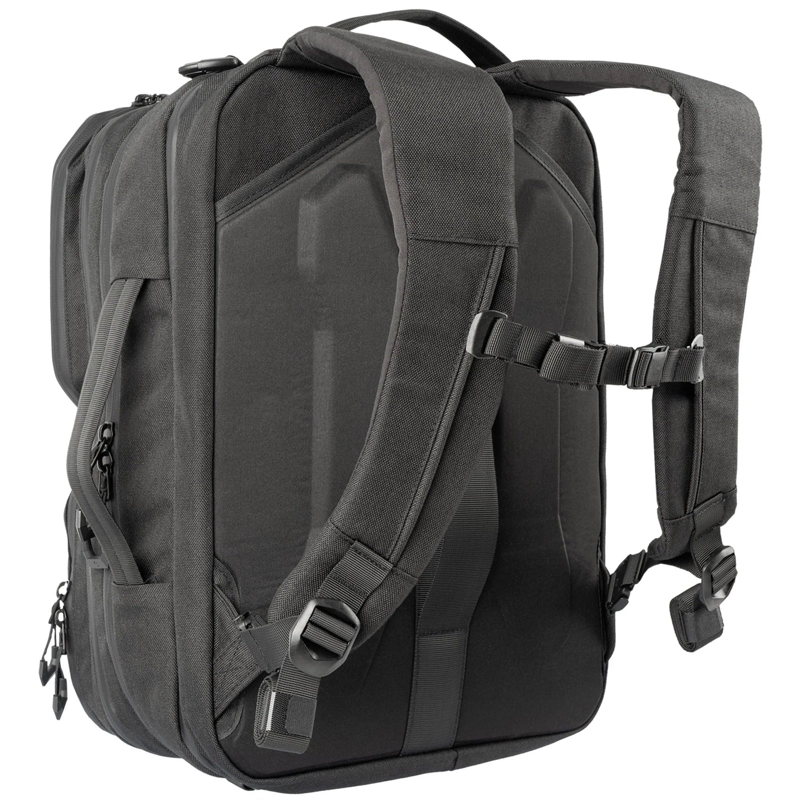 Die von hinten gezeigte STOIRM Messenger Bag von STOIRM verfügt über gepolsterte Schultergurte, einen Brustgurt, mehrere Reißverschlüsse und Fächer, robuste Materialien, modernes Design und ein geräumiges 17-Zoll-Laptopfach.