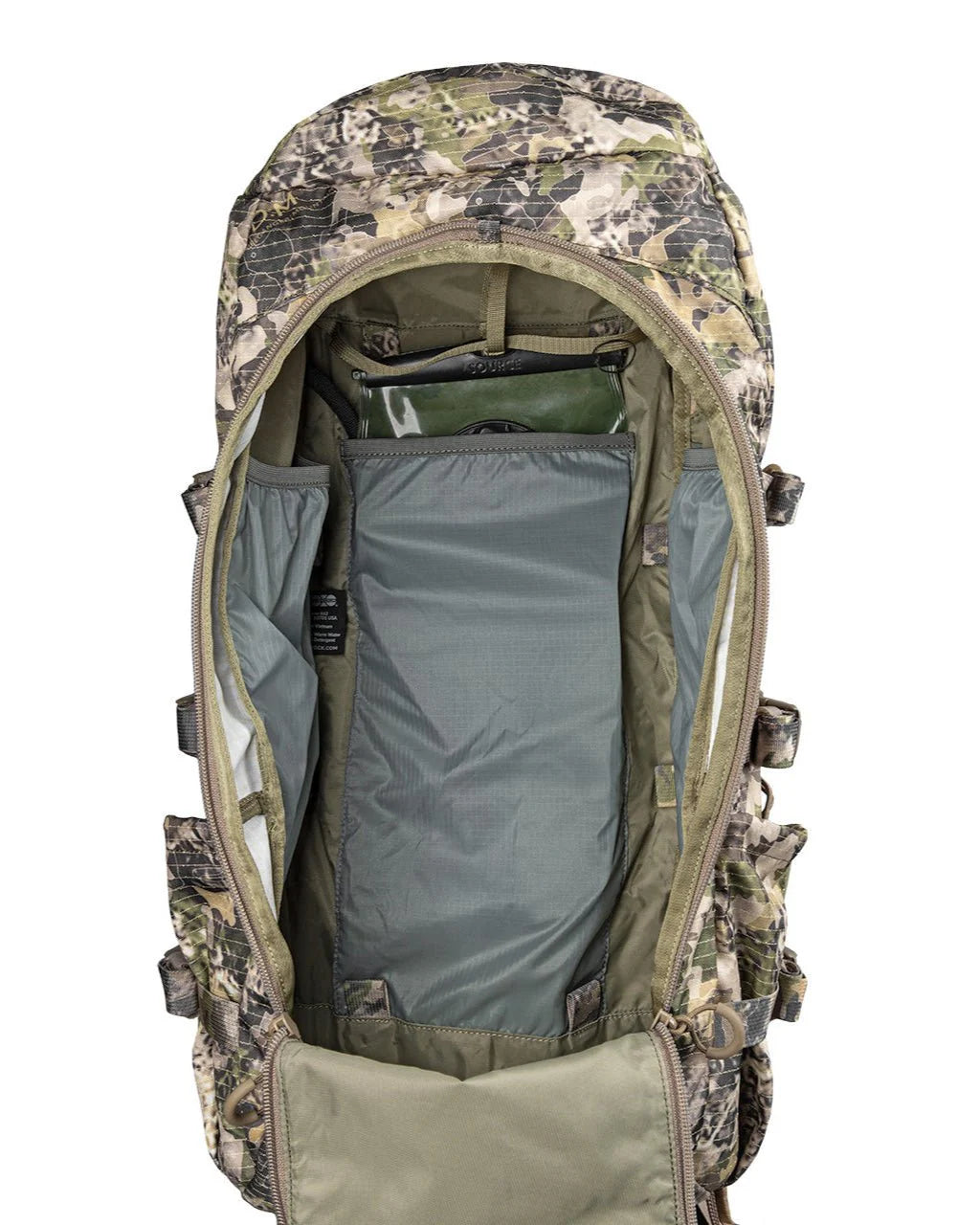 Ein Blick von oben auf den EBERLESTOCK Vapor 2500 V2 in Militärgrün zeigt ein geräumiges Hauptfach, Innentaschen und Randreißverschlüsse - ideal als ultraleichter Rucksack für jedes Abenteuer.