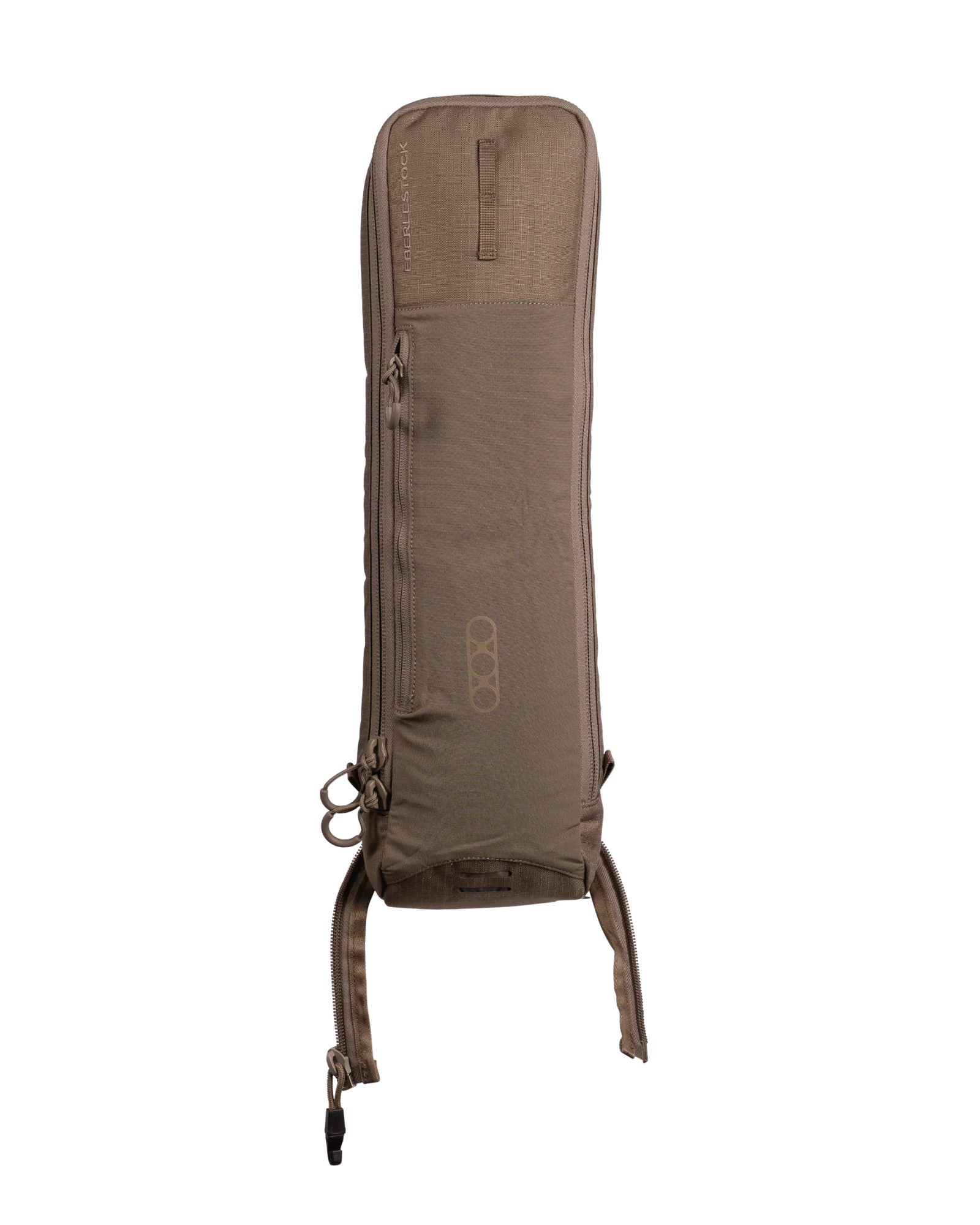 Der EBERLESTOCK Batwing V2, hier in tan mit schlankem Profil, verfügt über eine Fronttasche mit Reißverschluss, seitliche Schlaufen und zwei verstellbare Bodenriemen. Kompatibel mit dem EMOD-System für ultraleichte modulare Vielseitigkeit - abgebildet auf einem schlichten weißen Hintergrund.
