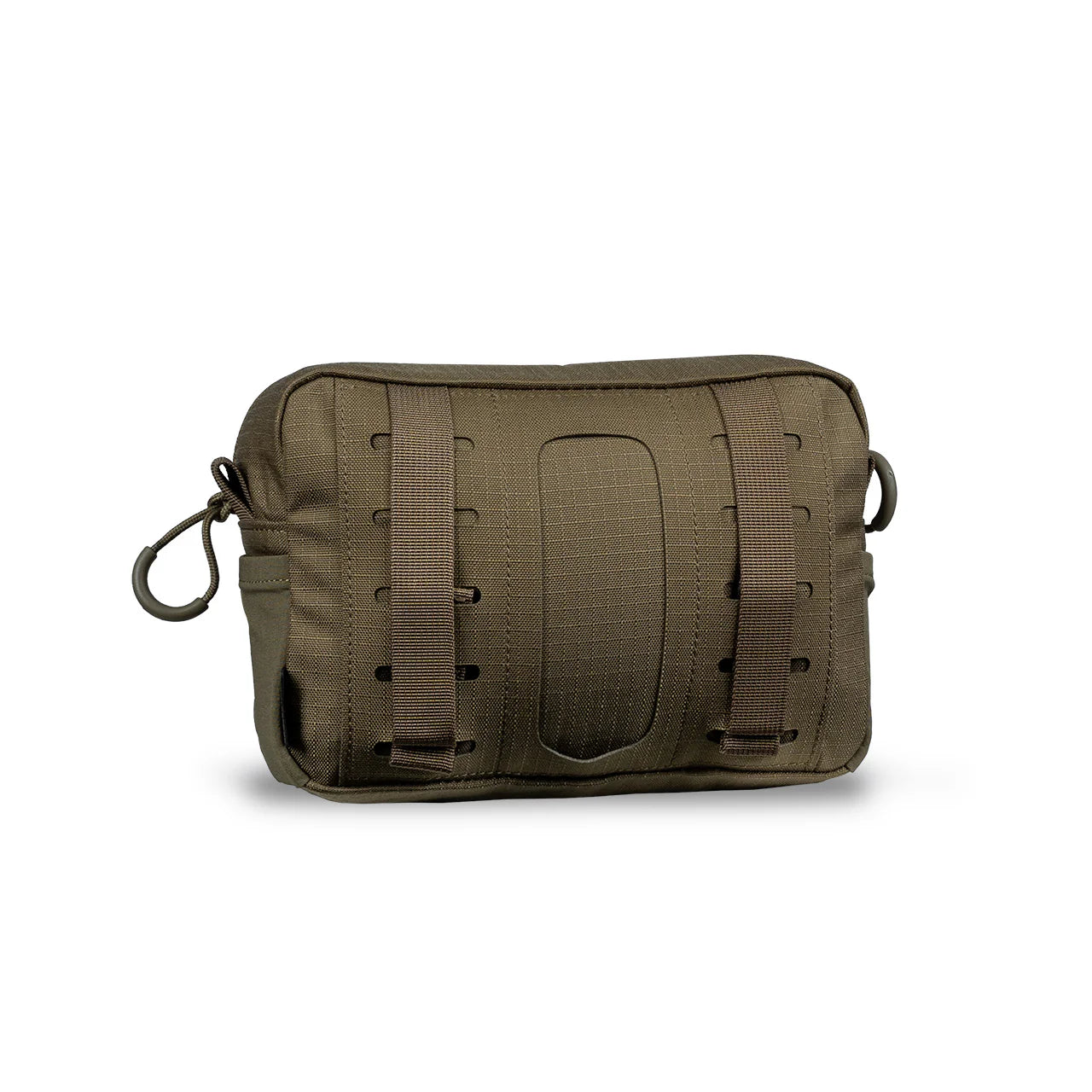 Eine kompakte, rechteckige olivgrüne Tasche von EBERLESTOCK, die General Purpose Pouch Large, mit Gurtbändern und Befestigungsschlaufen auf der Vorderseite, gitterförmigem Stoff und einem Reißverschluss auf der Oberseite.