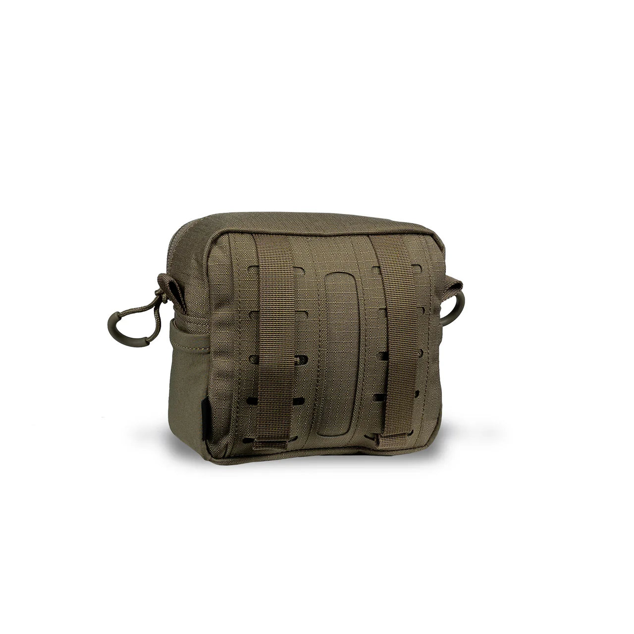 Die EBERLESTOCK General Purpose Pouch Small in Olivgrün ist aus strapazierfähigem 500D Cordura-Nylon gefertigt und verfügt über MOLLE-kompatible Gurtbänder, einen Reißverschluss an der Oberseite und zwei Befestigungshaken. Abgebildet auf einem schlichten weißen Hintergrund.