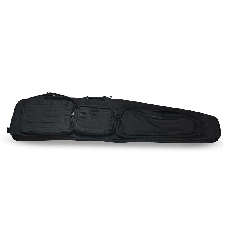 Die EBERLESTOCK Sniper Sled Drag Bag 57" in Schwarz verfügt über eine gepolsterte Konstruktion und drei Außentaschen mit Reißverschluss, die flach auf weißem Hintergrund abgebildet sind.