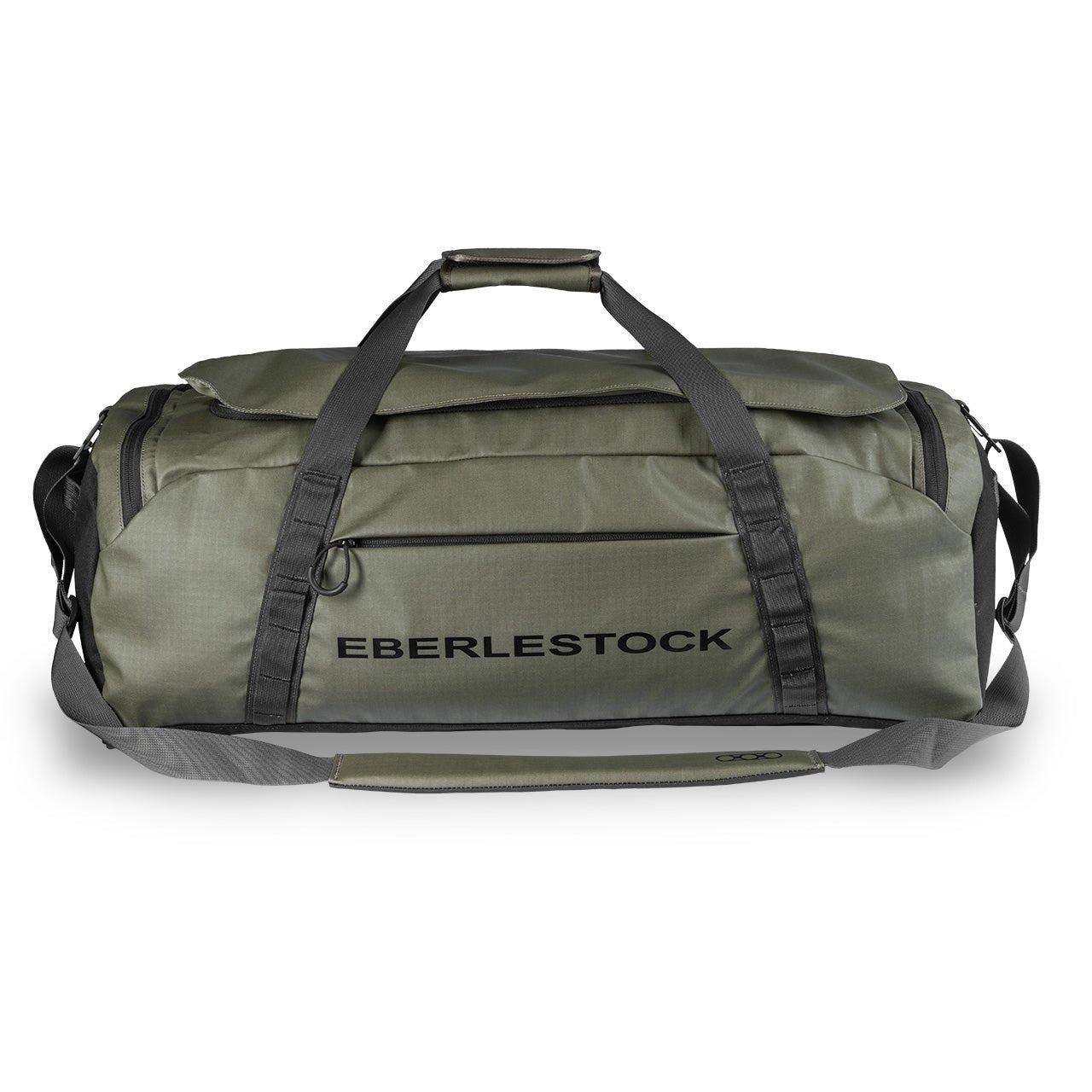 Der Eberlestock Hyllus Duffel 65 in Militärgrün verfügt über schwarze Griffe, einen Schultergurt, eine vordere Reißverschlusstasche und den Aufdruck "EBERLESTOCK" in Schwarz. Das geräumige Fassungsvermögen von 65 Litern bietet Platz für all Ihre wichtigen Dinge.