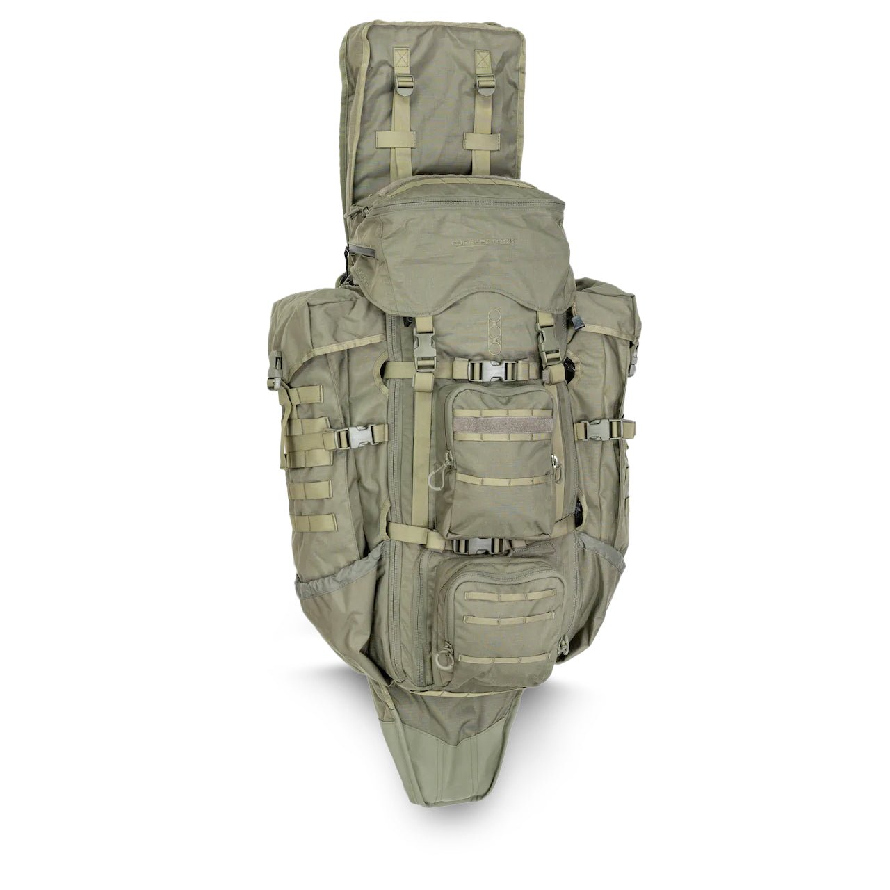 Der EBERLESTOCK G4 Operator Pack ist ein großer, olivgrüner taktischer Rucksack mit mehreren Fächern, Taschen, verstellbaren Gurten, MOLLE-Gurtband und robusten Schnallen - ideal als Scharfschützen-Rucksack für den Outdoor- oder Militäreinsatz.
