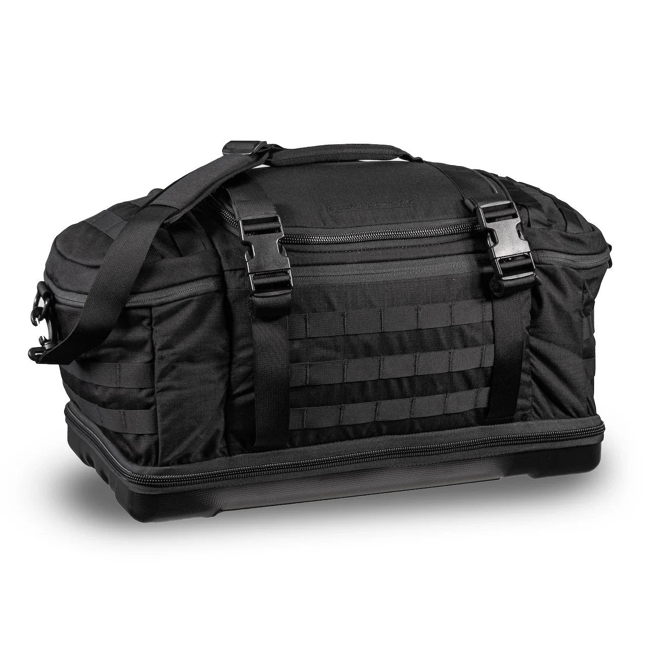 Die EBERLESTOCK Bang Bag ist ein großer schwarzer taktischer Seesack mit Schultergurt, mehreren Griffen, seitlichen Gurtbändern, robusten Schnallen und einem harten Boden - ideal als Schießstandtasche.