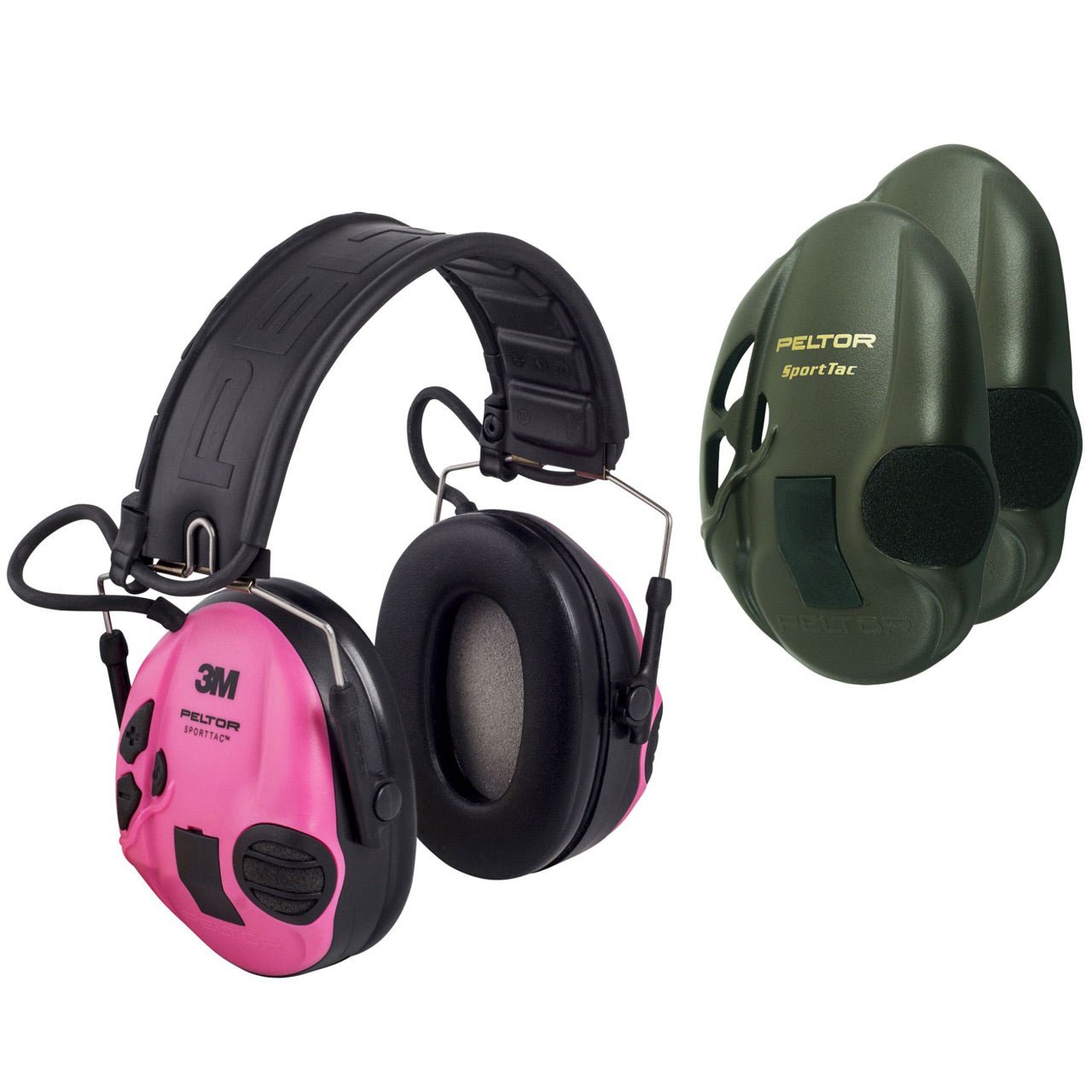 Ein Paar rosafarbener und schwarzer 3M Peltor Gehörschutz SportTac mit gepolstertem Kopfband ist neben grünen Abdeckungen abgebildet, ideal für die Verwendung als Jagd-Headset.