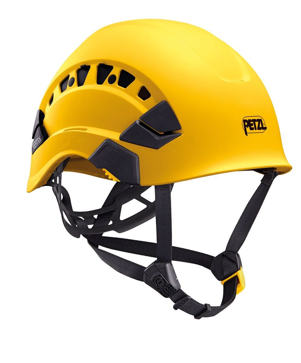 Ein leuchtend gelber PETZL Schutzhelm Vertex Vent mit schwarzen Belüftungsschlitzen, verstellbaren schwarzen Riemen, einer Kinnschnalle und dem PETZL-Logo.