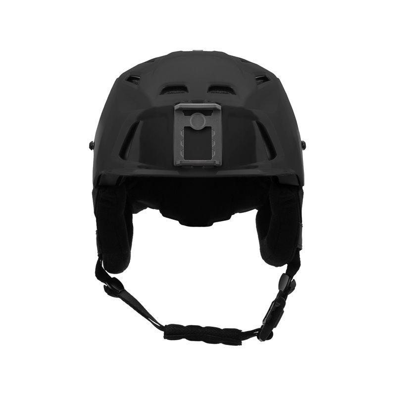 Der TEAM WENDY Skihelm Modell M-216 in Schwarz verfügt über einen Gehörschutz, einen Frontbügel und einen verstellbaren Boa Fit System Kinnriemen, hier von vorne auf weißem Hintergrund.