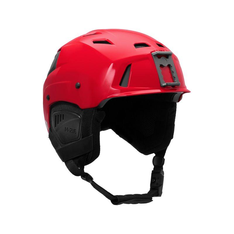 Der TEAM WENDY Team Wendy Skihelm Modell M-216 ist ein roter Schutzhelm mit schwarzer Polsterung, Belüftungslöchern, einem verstellbaren Kinnriemen und einem Hybridschalen-Design - ideal für Bau- oder Rettungsarbeiten.