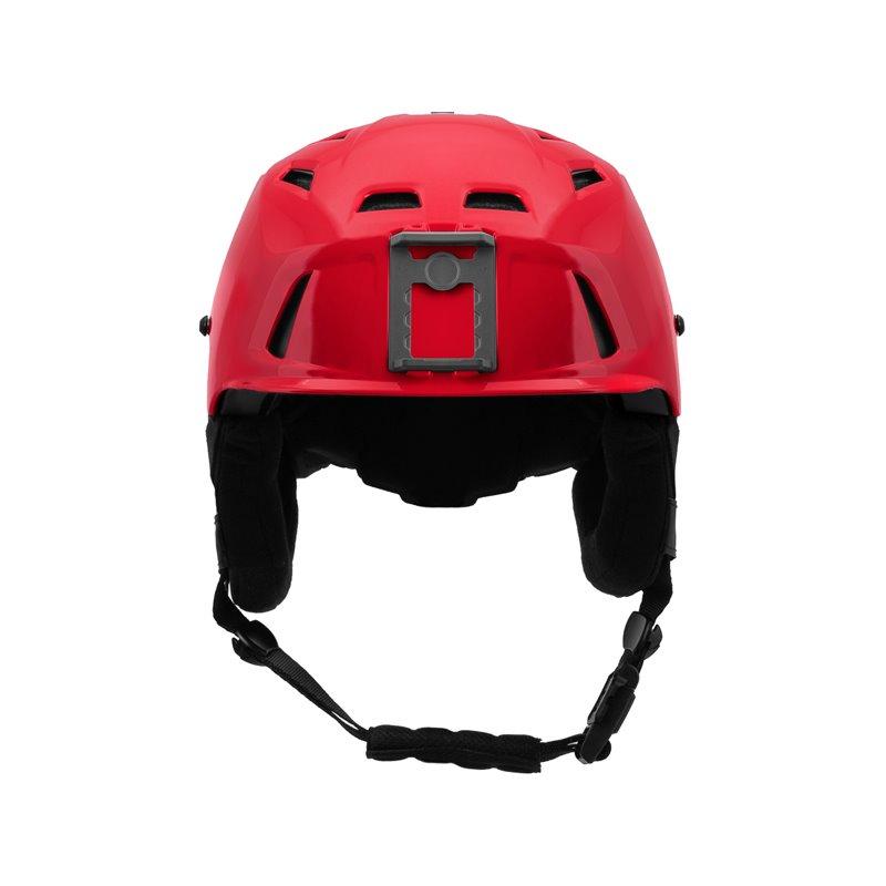 Ein roter TEAM WENDY Skihelm Modell M-216 mit schwarzer Polsterung und verstellbarem Kinnriemen ist frontal auf weiß abgebildet. Er verfügt über eine rechteckige Metallhalterung an der Stirn und ein Hybridschalen-Design für erhöhten Schutz.