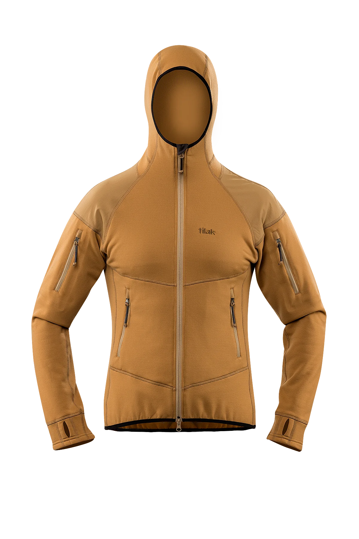 Der Tilak Femund MiG Hoody - Coyote von TILAK MILITARY GEAR mit Frontreißverschluss, Polartec Power Stretch-Isolierung, zwei Brust- und Seitentaschen mit Reißverschluss und verstellbaren Ärmelbündchen ist auf einem schlichten weißen Hintergrund abgebildet.
