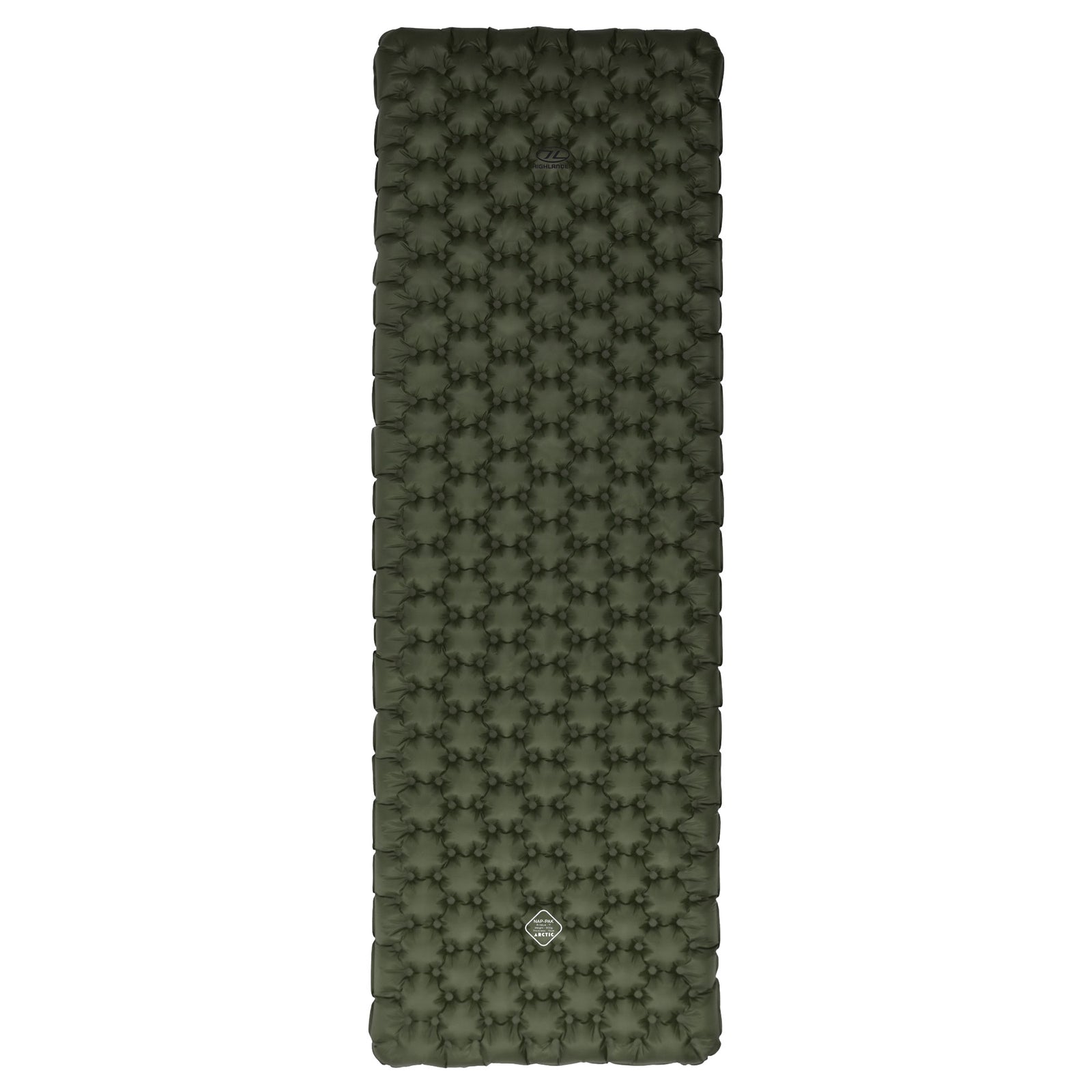 Die HIGHLANDER FORCES Highlander NAP PAK ARCTIC AIR MAT in Olivgrün hat eine gesteppte, wabenartige Oberfläche und ist von oben auf weißem Hintergrund abgebildet - perfekt für gemütliche Campingabende im Winter.