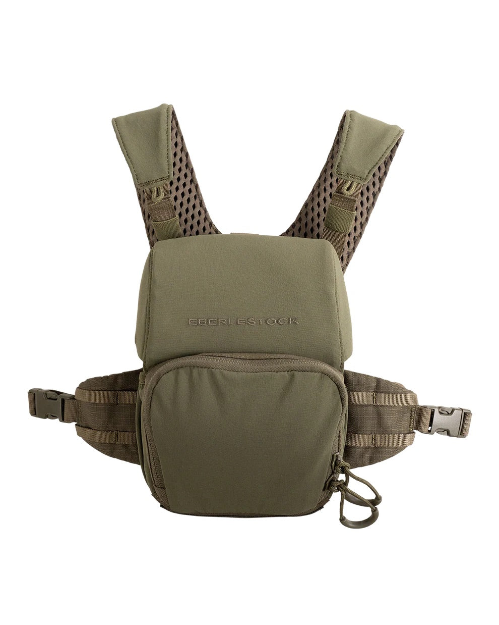 Das EBERLESTOCK Bravo Modular Bino Pack Small in Militärgrün verfügt über verstellbare, gepolsterte Schultergurte, einen Netzrücken, mehrere Reißverschlussfächer und Schnallenverschlüsse - ideal zum Tragen von Ausrüstung oder als sichere Fernglastasche.