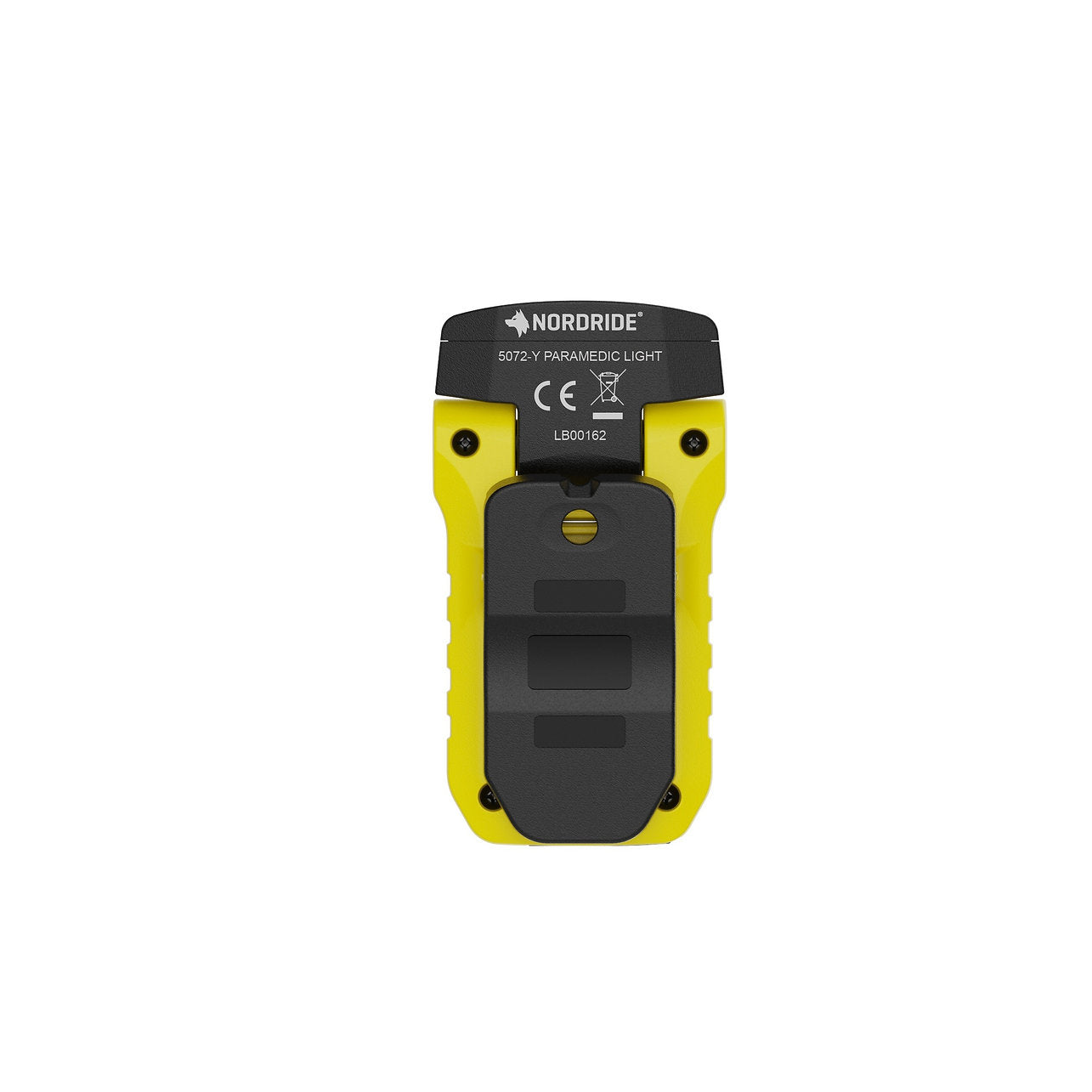 Auf der Rückseite ist eine gelb-schwarze NORDRIDE Clipleuchte Paramedic Light abgebildet, mit einem Clip und Produktangaben, einschließlich des CE-Zeichens, oberhalb des Clips - ideal für den Einsatz im Rettungsdienst.
