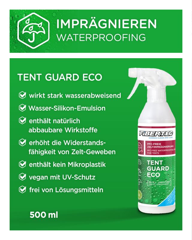 Eine grüne Infokarte für Fibertec Tent Guard Eco 500ml von FIBERTEC, ein umweltfreundliches Imprägnierspray für Outdoor-Textilien. Highlights: starke wasserabweisende Wirkung, kein Mikroplastik, UV-Schutz und eine 500 ml Flasche.