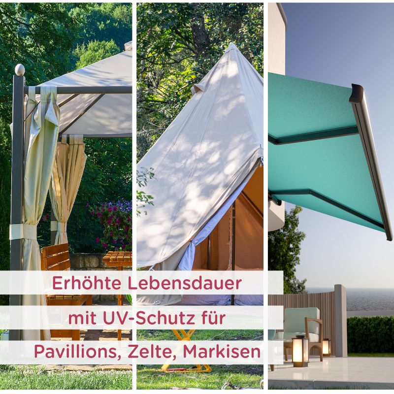Drei Bilder zeigen einen Pavillon, ein Campingzelt und ein türkisfarbenes Vorzelt. Überlagerter deutscher Text hebt hervor: Längere Lebensdauer und UV-Schutz mit FIBERTEC Fibertec Tent Guard Eco 500ml - für Pavillons, Zelte und Markisen.