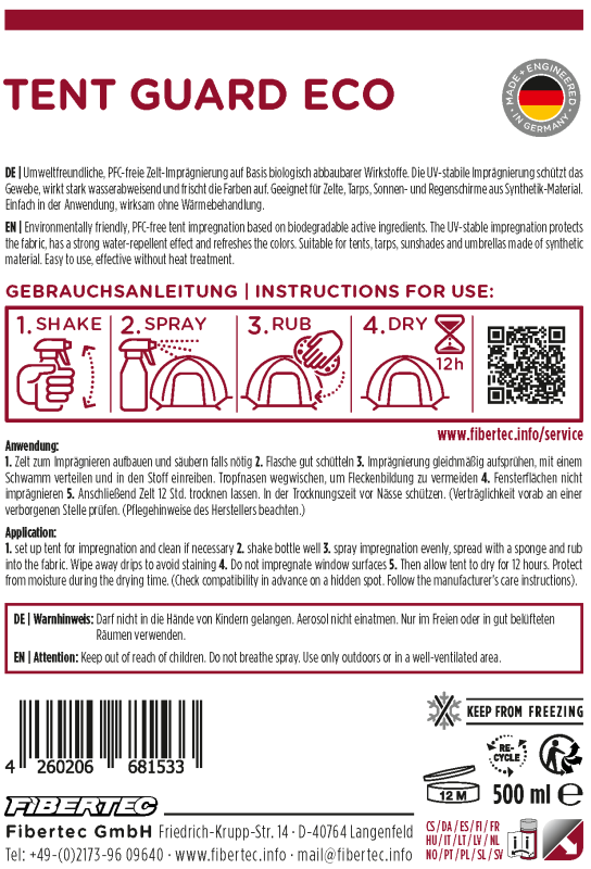 Das Fibertec Tent Guard Eco 500ml von FIBERTEC ist ein umweltfreundliches, wasserabweisendes Zelt-Spray für Outdoor-Textilien. Das deutsch/englische Etikett zeigt vier Schritte: schütteln, sprühen, reiben, trocknen. Für Zelte und mehr.