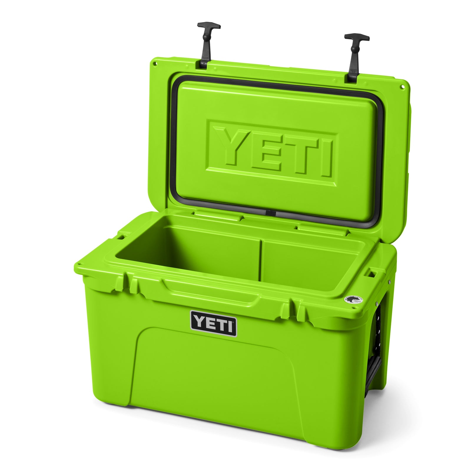 Die YETI® Kühlbox Tundra 45 - Venom in leuchtendem Grün verfügt über einen offenen Deckel, der einen geräumigen, unterteilten Innenraum offenbart, und zeigt das YETI-Logo auf dem Deckel und der Vorderseite - ideal für Ihr nächstes Campingabenteuer.