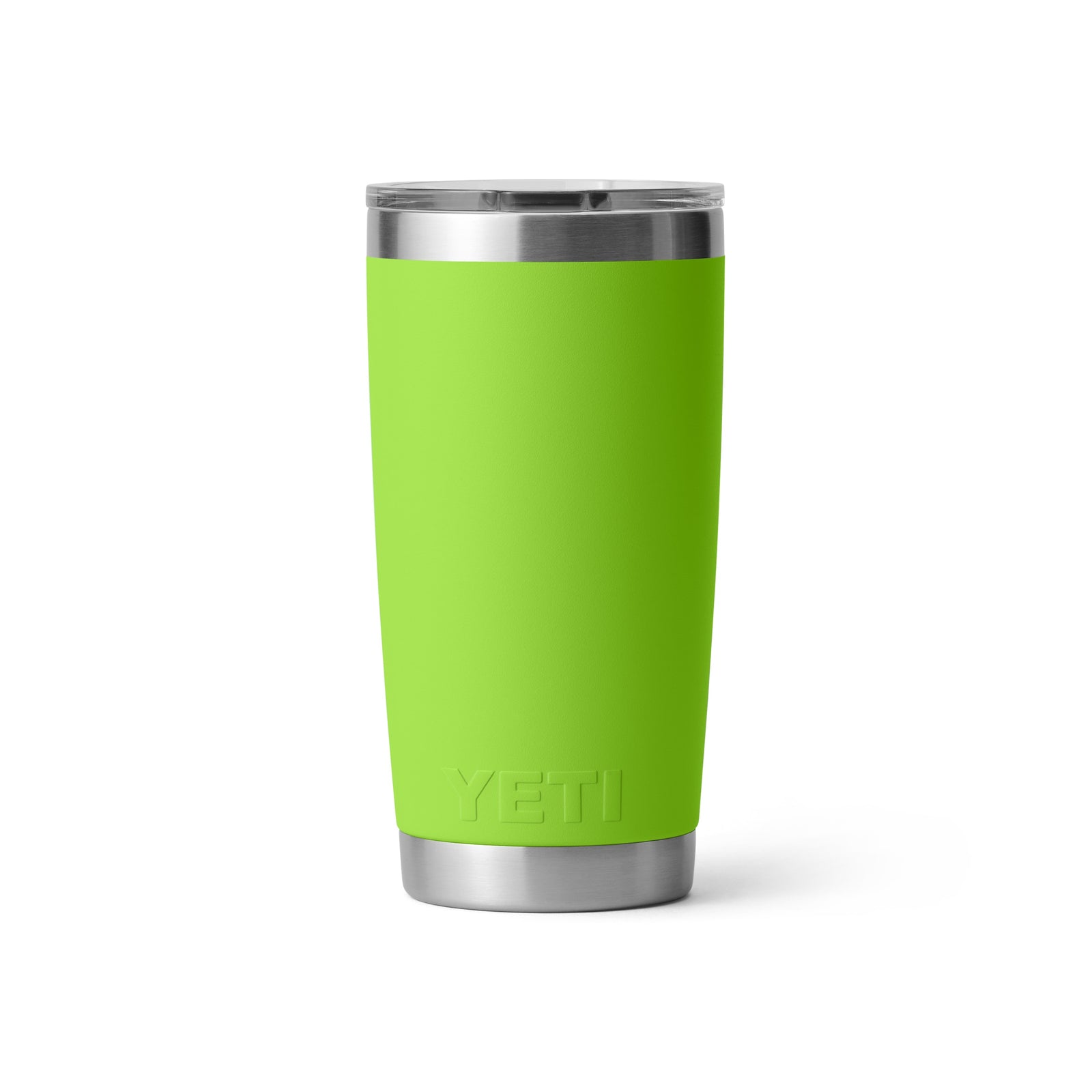 Der YETI® Becher Rambler 20 Oz in Venom ist ein leuchtend grüner Trinkbecher mit Edelstahlboden und -rand, klarem Deckel, mattem Finish, doppelwandiger Vakuumisolierung und geprägt mit dem YETI Logo nahe dem Boden.