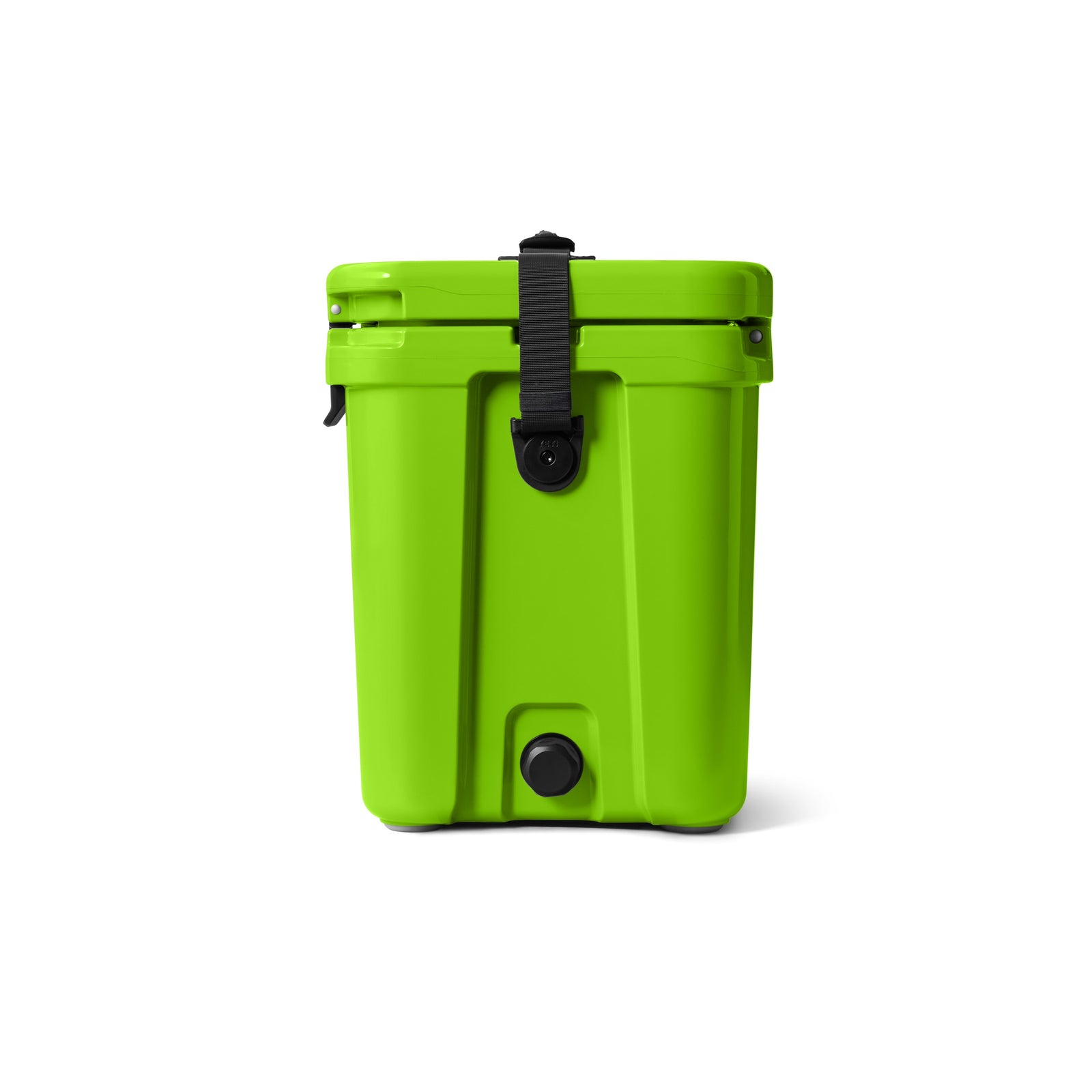 Die YETI® Kühlbox Roadie 24 - Venom ist eine leuchtend grüne Kühlbox mit schwarzem Verschluss, Griff und einer Ablassschraube am Boden, die von vorne auf einem schlichten weißen Hintergrund abgebildet ist.