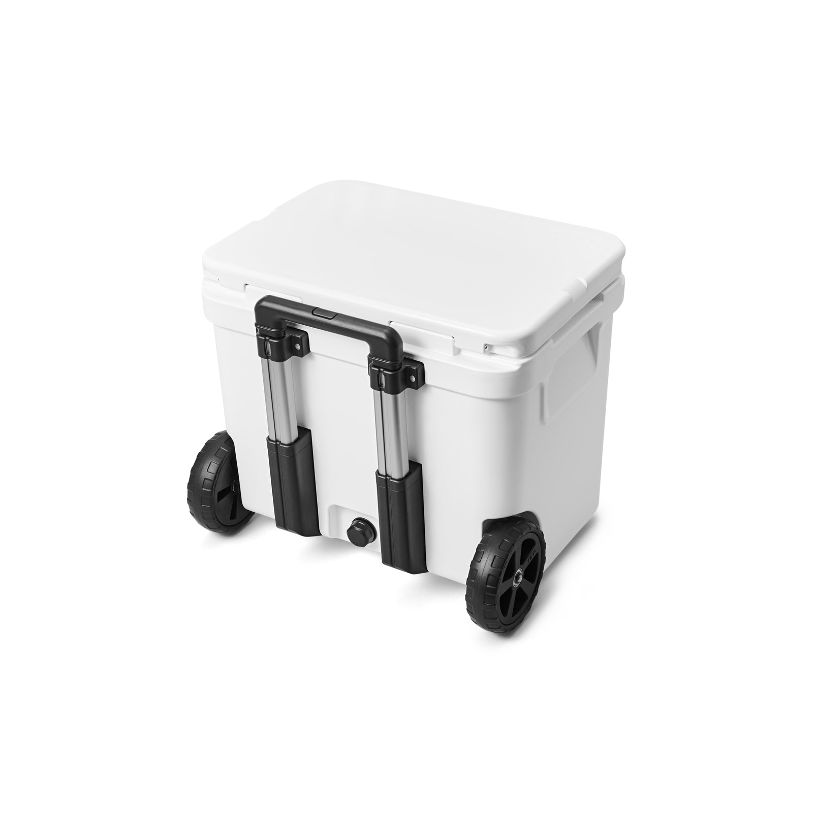 Die YETI® Kühlbox Roadie 60 - White verfügt über einen aufklappbaren Deckel, große schwarze Räder und einen einklappbaren Griff für den einfachen Transport.
