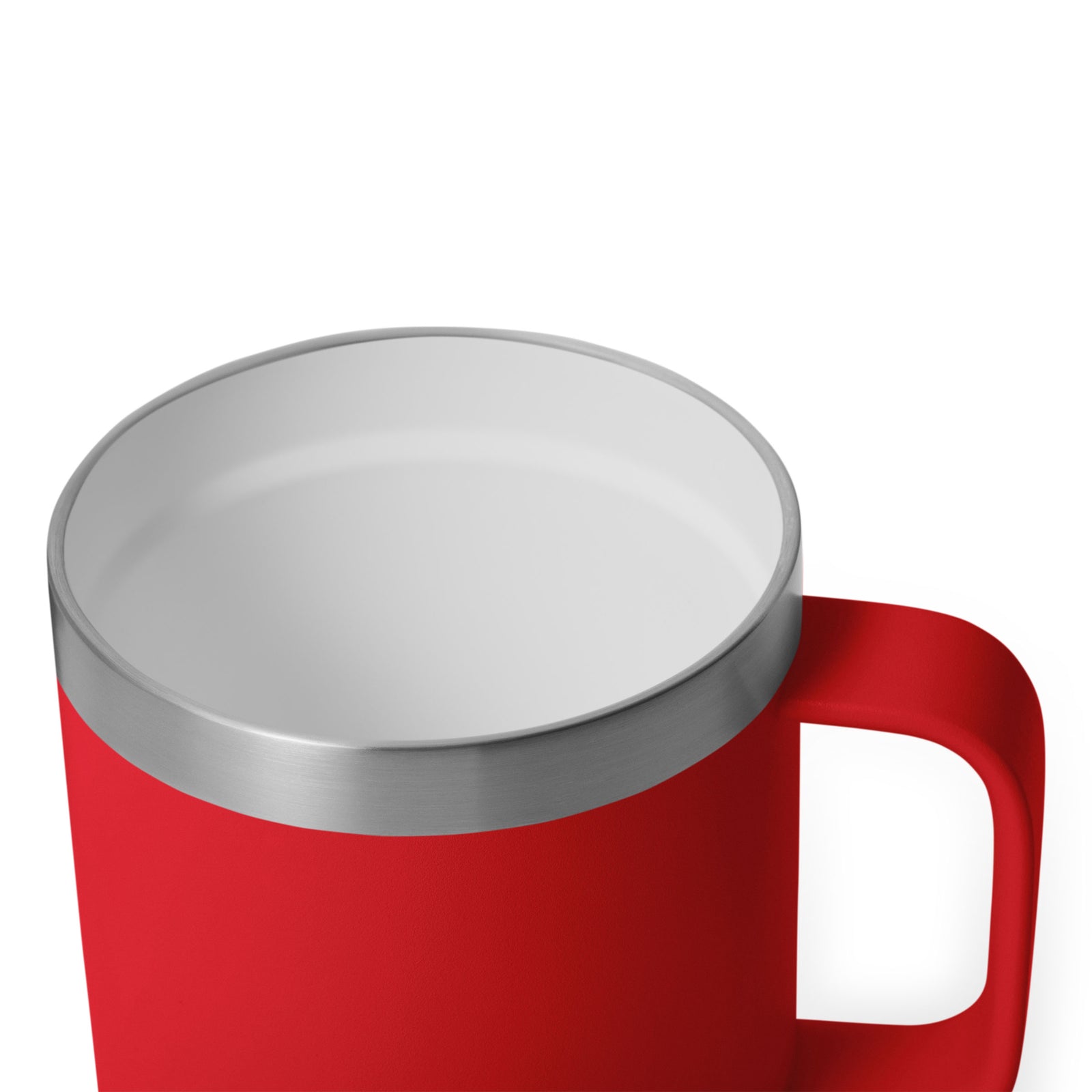 Eine Nahaufnahme der YETI® Tasse Rambler 10 Oz in Rescue Red mit Edelstahlrand und weißem Innenraum, mit doppelwandiger Vakuumisolierung, vor einem schlichten weißen Hintergrund.