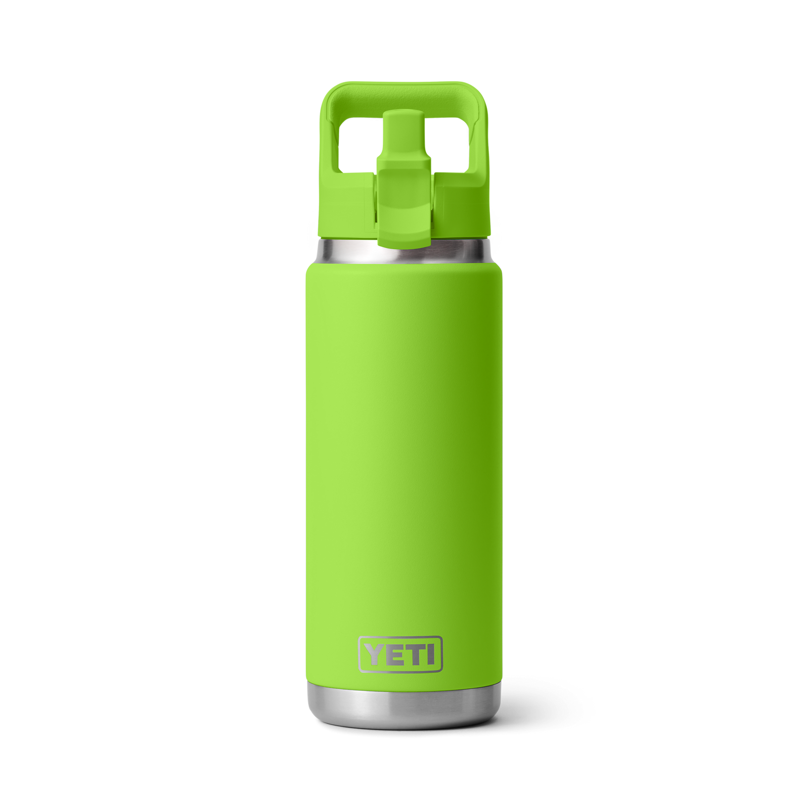 Eine leuchtend grüne YETI® Flasche Rambler 26 Oz Straw - Venom mit Doppelwand-Vakuumisolierung und Strohdeckel steht aufrecht auf einem schlichten weißen Hintergrund.
