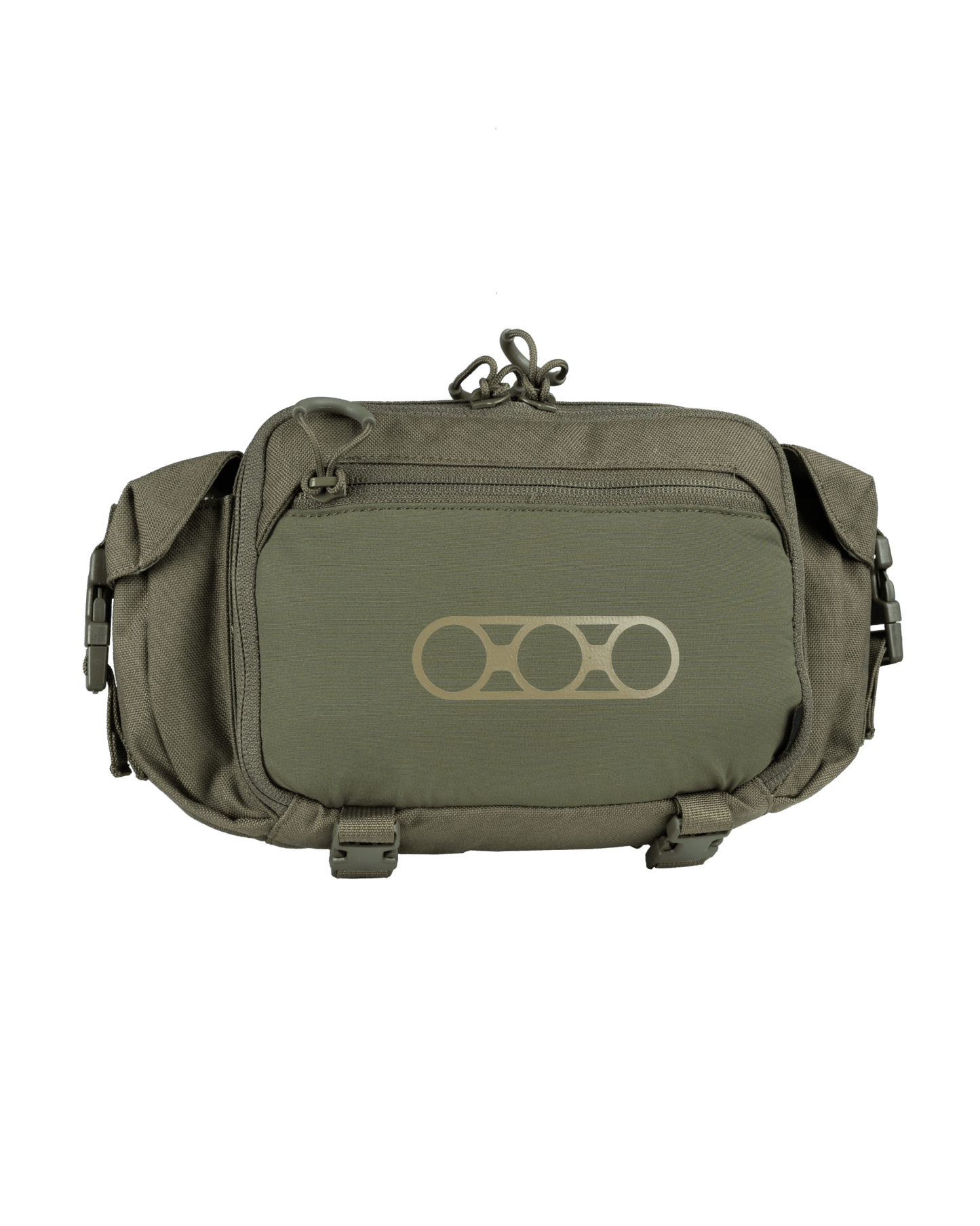 Die EBERLESTOCK Multipack - Military Green Gürteltasche verfügt über eine große Vordertasche mit Reißverschluss, Seitentaschen, einen verstellbaren Riemen und ein hellbraunes geometrisches Logo auf der Vorderseite. Das Logo ist auf einem schlichten weißen Hintergrund abgebildet.