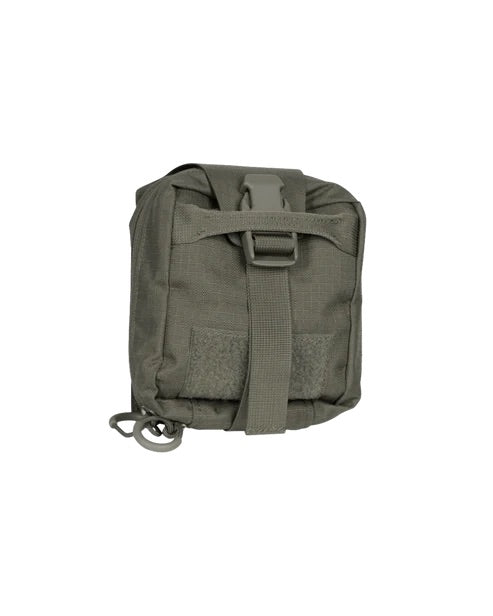Die EBERLESTOCK Rip-Away Medical Pouch small ist eine kompakte, olivgrüne Tasche im Militärstil mit Schnallenverschluss, Frontgurt und Bodenschlaufe aus strapazierfähigem Gewebe. Hier abgebildet auf einem schlichten weißen Hintergrund.