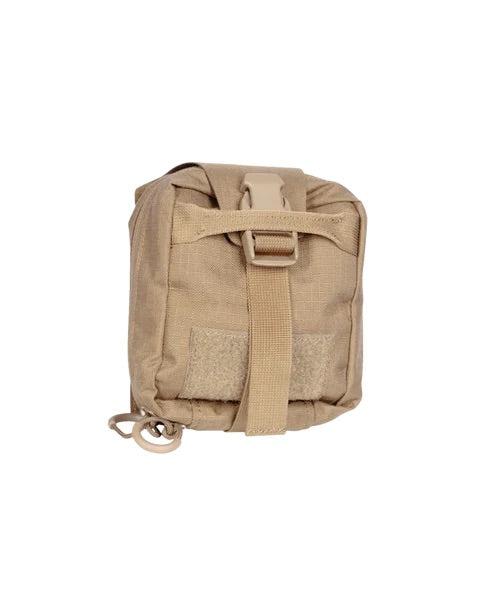 Die EBERLESTOCK Rip-Away Medical Pouch small ist eine kompakte, robuste Erste-Hilfe-Tasche in Tan mit Frontgurt und Schnallenverschluss - ideal als IFAK für Outdoor- oder Militäreinsätze.