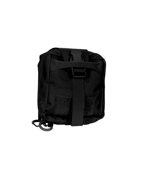 Die EBERLESTOCK Rip-Away Medical Pouch small ist eine schwarze taktische Tasche mit einer Frontschnalle, einem vertikalen Mittelriemen und zwei runden Schlaufen. Sie ist aus strapazierfähigem Gewebe gefertigt und eignet sich perfekt als IFAK-Tasche oder Erste-Hilfe-Tasche.