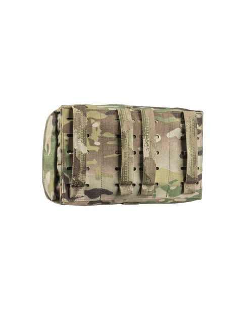 Die EBERLESTOCK Rip-Away Medical Pouch Large ist eine taktische Tasche in Tarnfarben mit mehreren Befestigungsriemen für medizinische Ausrüstung auf weißem Hintergrund.