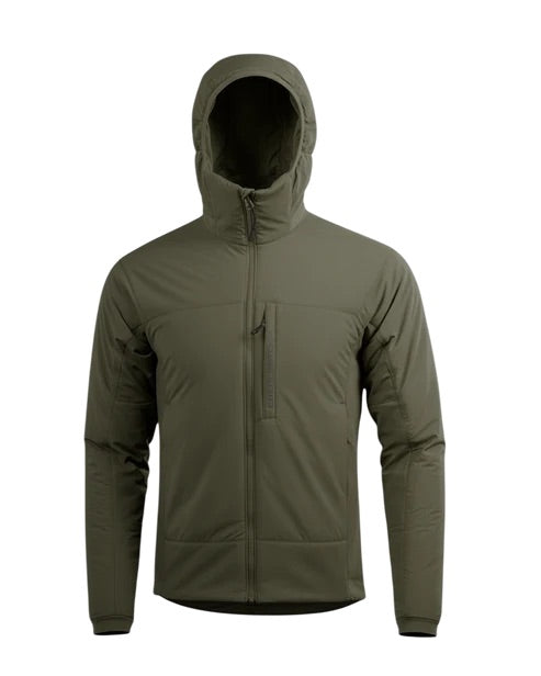 Die EBERLESTOCK Alturas Hooded Jacket in Ranger Green hat einen durchgehenden Frontreißverschluss, eine Brusttasche mit Reißverschluss und lange Ärmel. Diese Jacke ist auf einem schlichten weißen Hintergrund abgebildet.