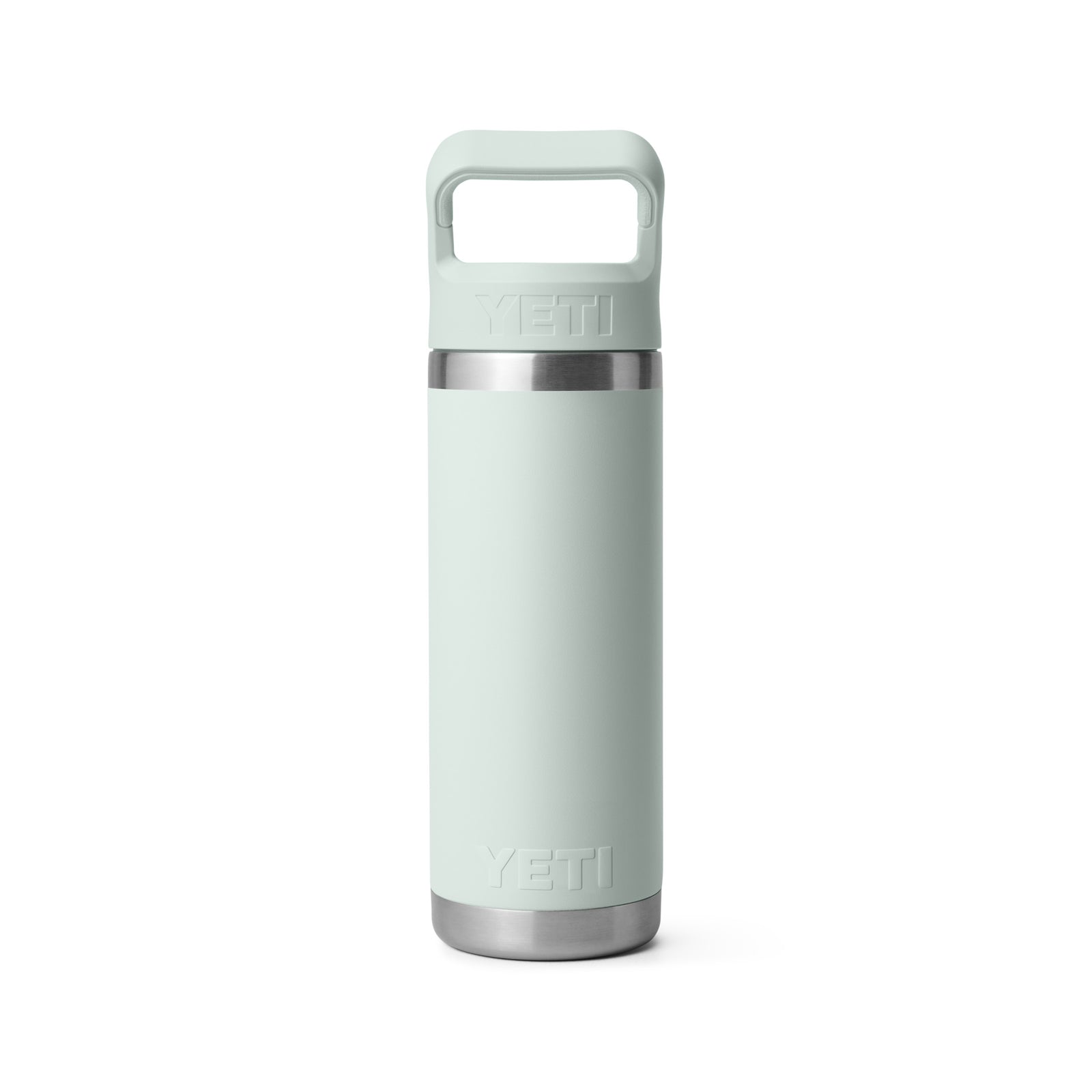 Eine YETI® Flasche Rambler 18 Oz Straw Bottle - Ridgeline in hellmintgrün mit einem Griff am Deckel und Vakuumisolierung ist auf einem schlichten weißen Hintergrund abgebildet.