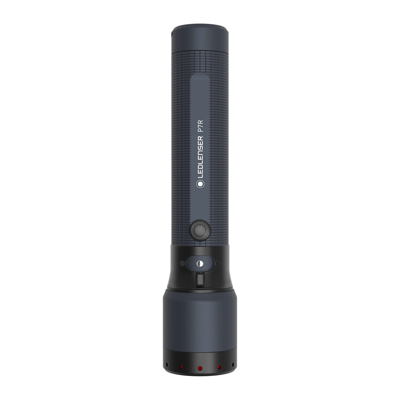 Die schwarze LEDLENSER Taschenlampe P7R - 25 Jahre Edition steht aufrecht auf weißem Hintergrund und zeigt einen strukturierten Griff, einen zentralen Knopf und Kontrollleuchten am Boden.