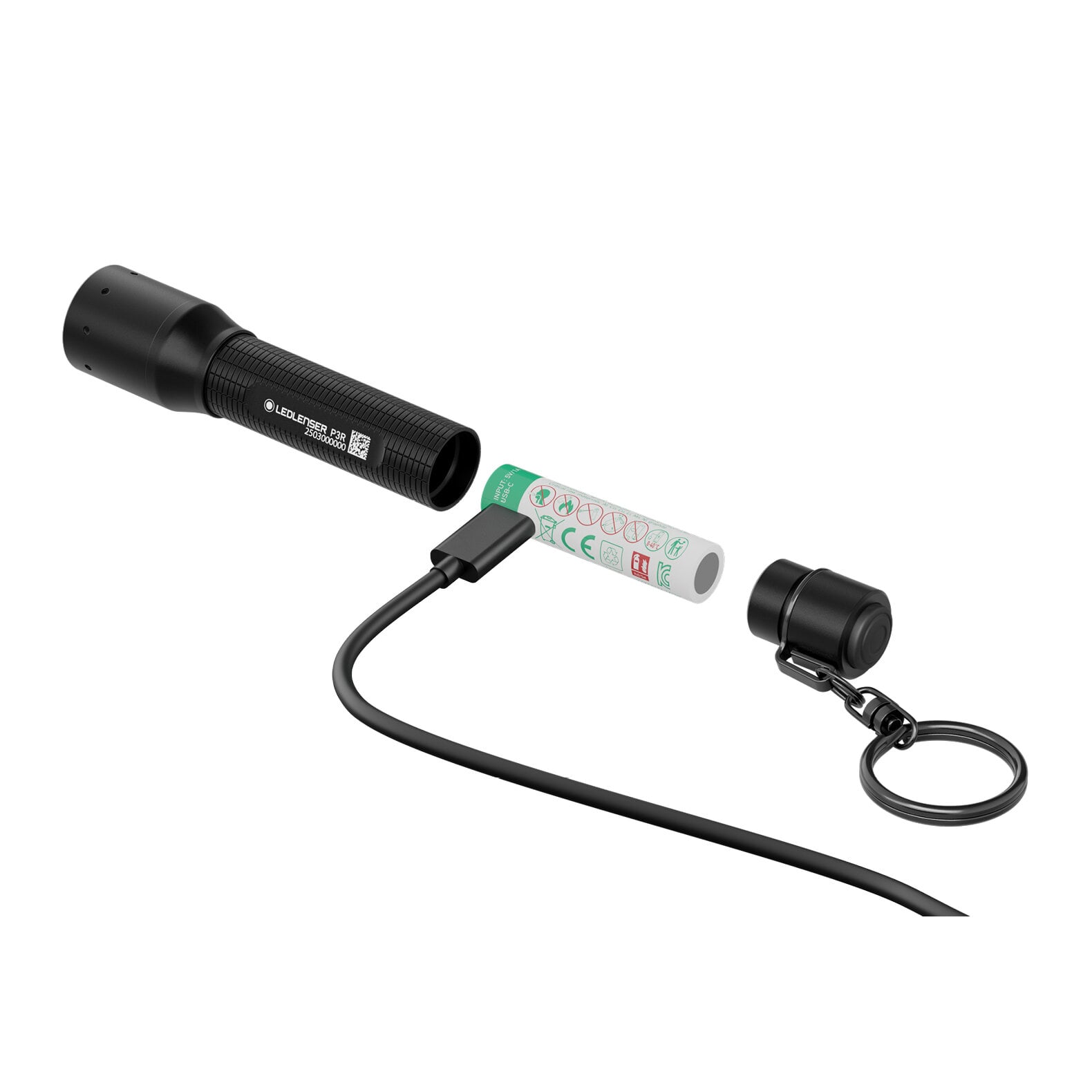 Die LEDLENSER Taschenlampe P3R in Schwarz wird in drei Teile zerlegt gezeigt: den Hauptkörper, einen zylindrischen Akku mit Ladekabel und eine Endkappe mit Schlüsselring.