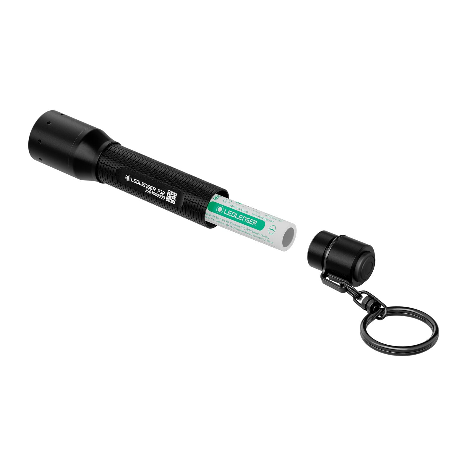 Die LEDLENSER Taschenlampe P3R mit strukturiertem Griff und schwarzem Finish ist offen mit teilweise entnommener Batterie abgebildet. Neben dieser kompakten LEDLENSER Taschenlampe liegt die abnehmbare Schlüsselringkappe.