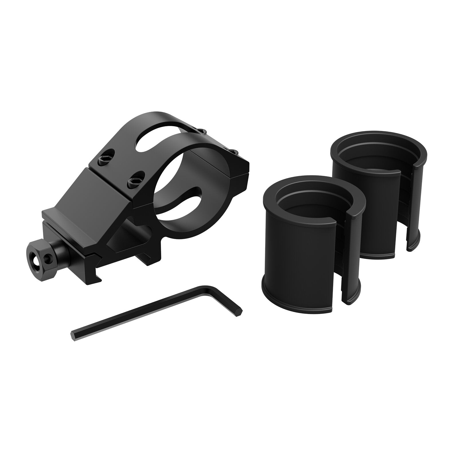 LEDLENSER Picatinny Rail Mount Typ A aus schwarzem Metall, hier mit zwei zylindrischen Einsätzen und einem L-förmigen Inbusschlüssel. Die Schraublöcher und die Klemme der Halterung machen sie zu einer idealen Taschenlampenhalterung für den taktischen Einsatz. Alle Artikel sind auf weißem Hintergrund abgebildet.