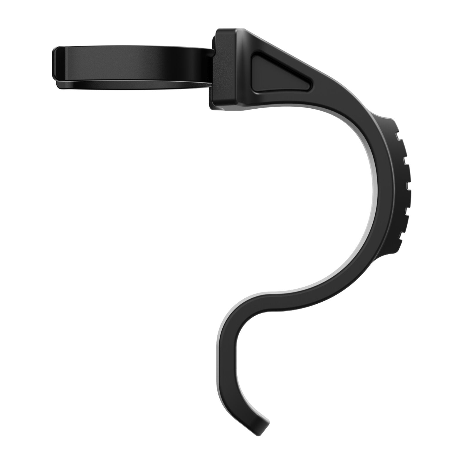 Der LEDLENSER Ledlenser Fingerring Typ B ist eine schwarze, gebogene Taschenlampenhalterung aus Kunststoff mit einer kreisrunden oberen Öffnung und einem hakenförmigen unteren Teil, dargestellt von der Seite auf weißem Hintergrund.