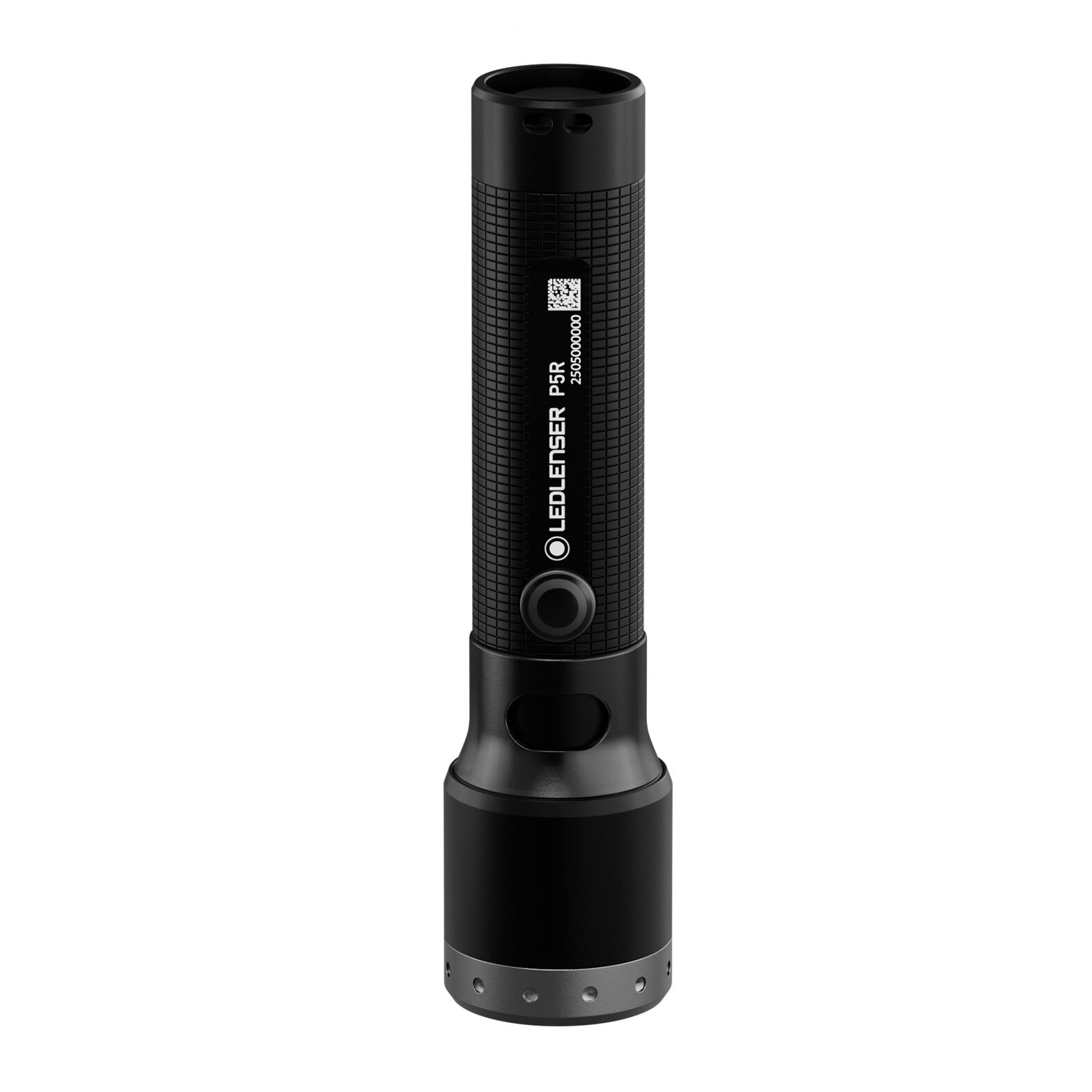 Eine schwarze LEDLENSER Taschenlampe P5R steht aufrecht auf einem weißen Hintergrund und präsentiert einen strukturierten Griff, einen runden Griffknopf und das Advanced Focus System für vielseitige Beleuchtung.