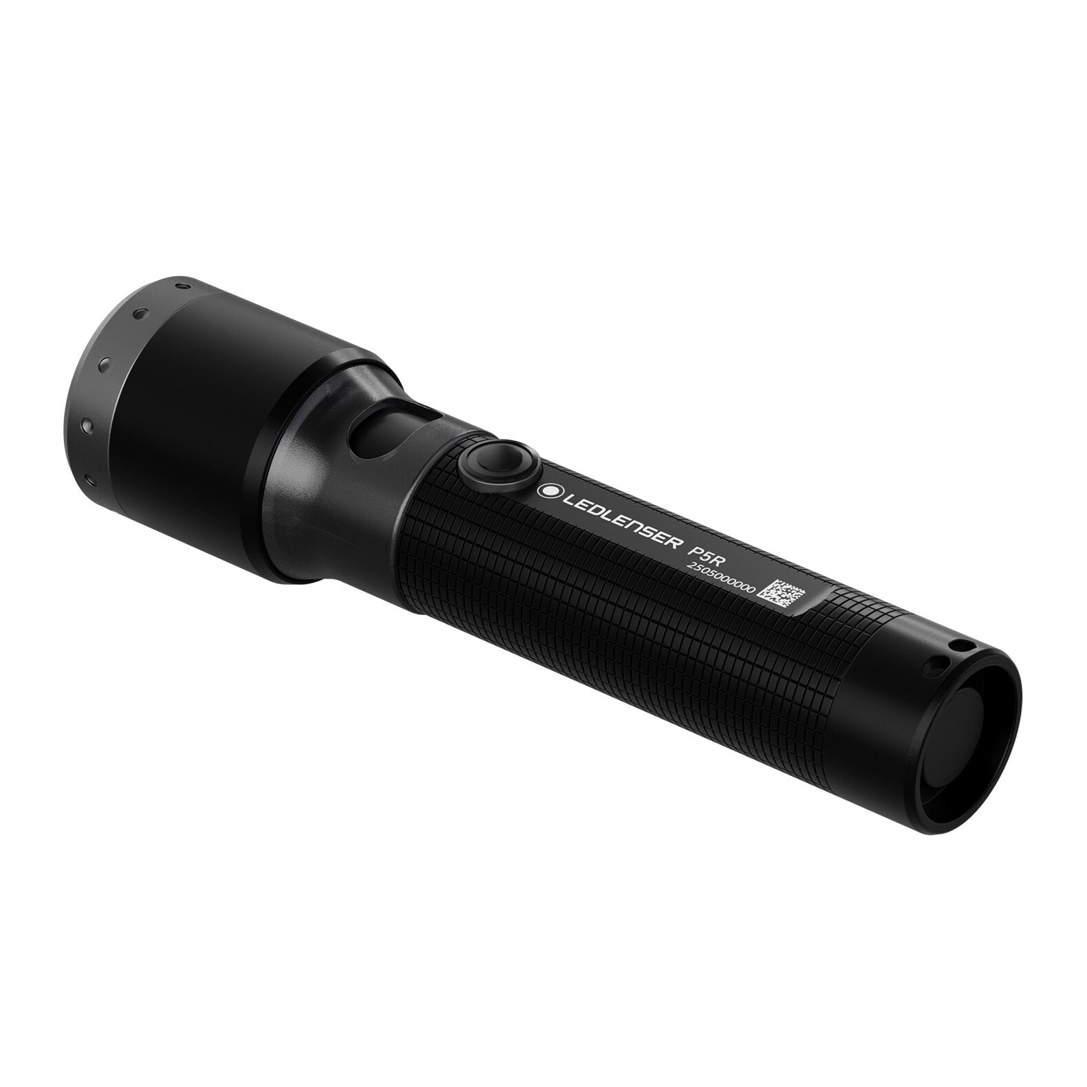Eine schwarze LEDLENSER Taschenlampe P5R mit strukturiertem Griff, einem einzigen Knopf auf der Vorderseite, einem breiten runden Kopf und dem Advanced Focus System für präzise Beleuchtung.