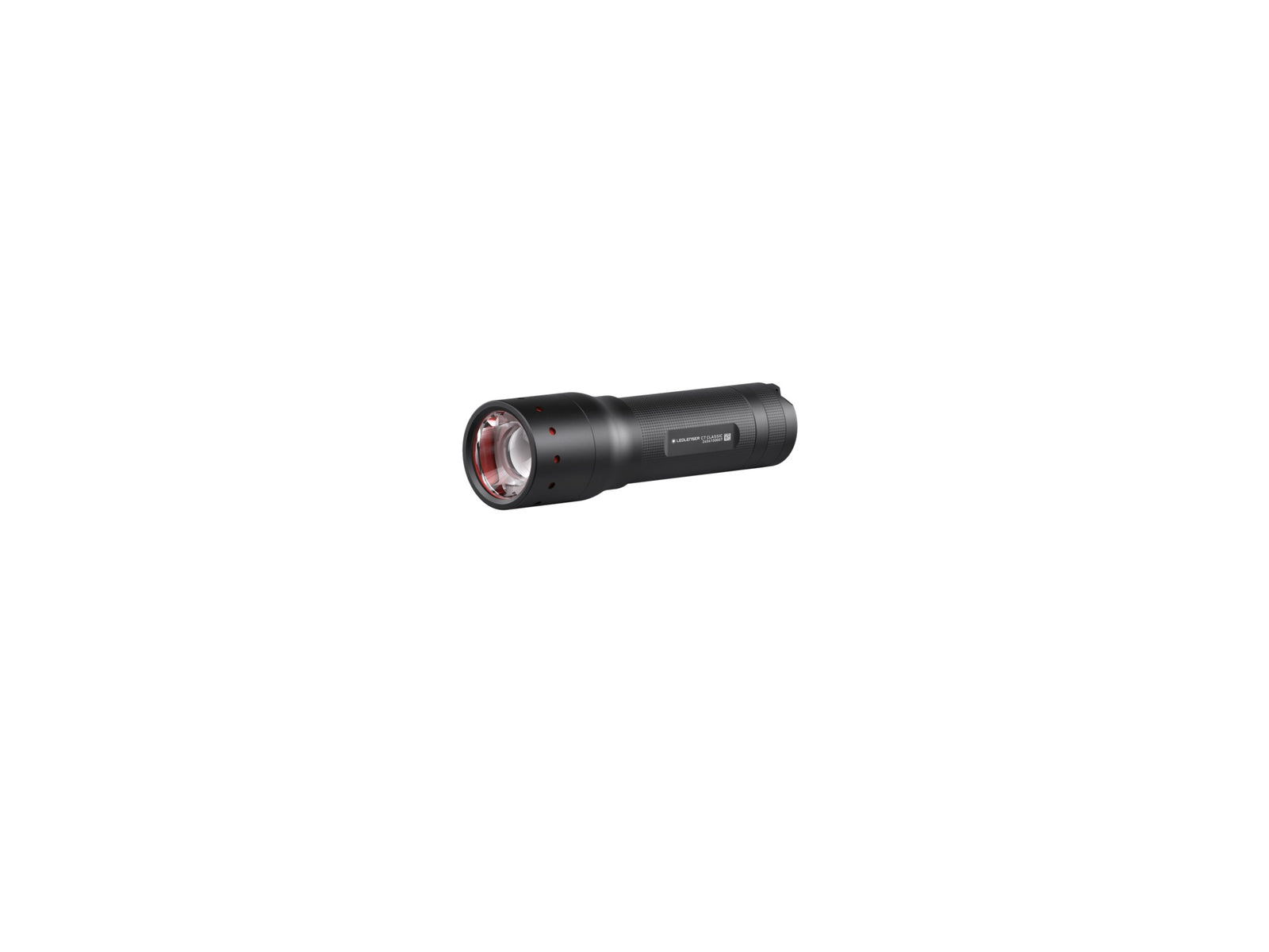 Die LEDLENSER Ledlenser Taschenlampe C7 Classic, eine schwarze, zylindrische Taschenlampe mit metallischen Akzenten und Advanced Focus System, ist auf einem weißen Hintergrund abgewinkelt.