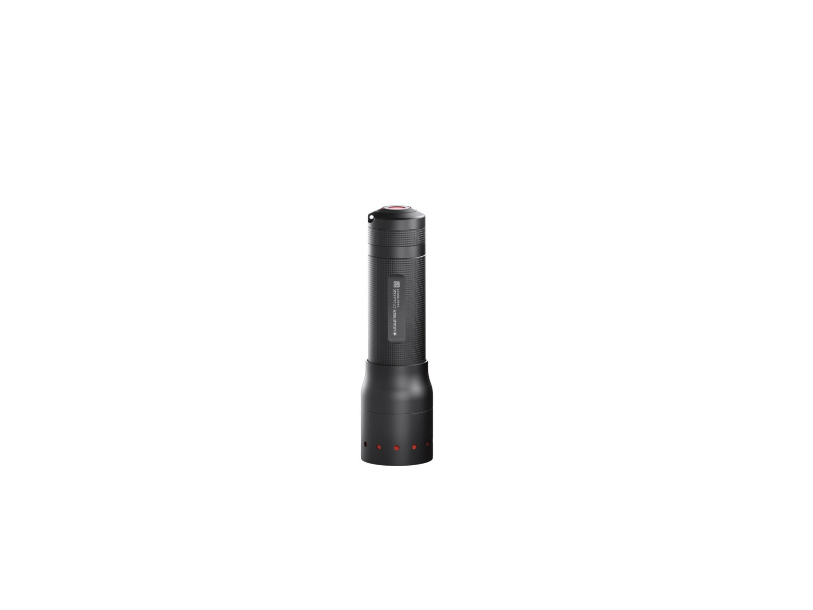 Die Ledlenser Taschenlampe C7 Classic von LEDLENSER ist eine aufrechte Lampe mit strukturiertem Griff, rotem Einschaltknopf oben und Batterieanzeige unten. Mit fortschrittlichem Fokus-System. Abgebildet auf weißem Hintergrund.