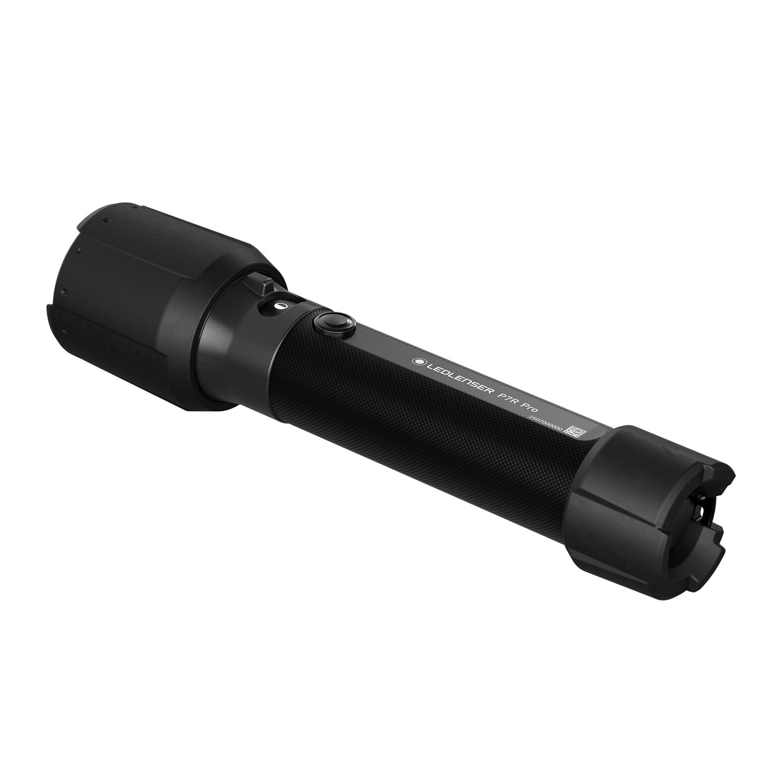 Die LEDLENSER Taschenlampe P7R Pro ist eine schwarze, zylindrische LED-Taschenlampe mit strukturiertem Griff, runder Linse und einem Knopf oben. Robust und modern, ist sie ideal als Outdoor-Taschenlampe.