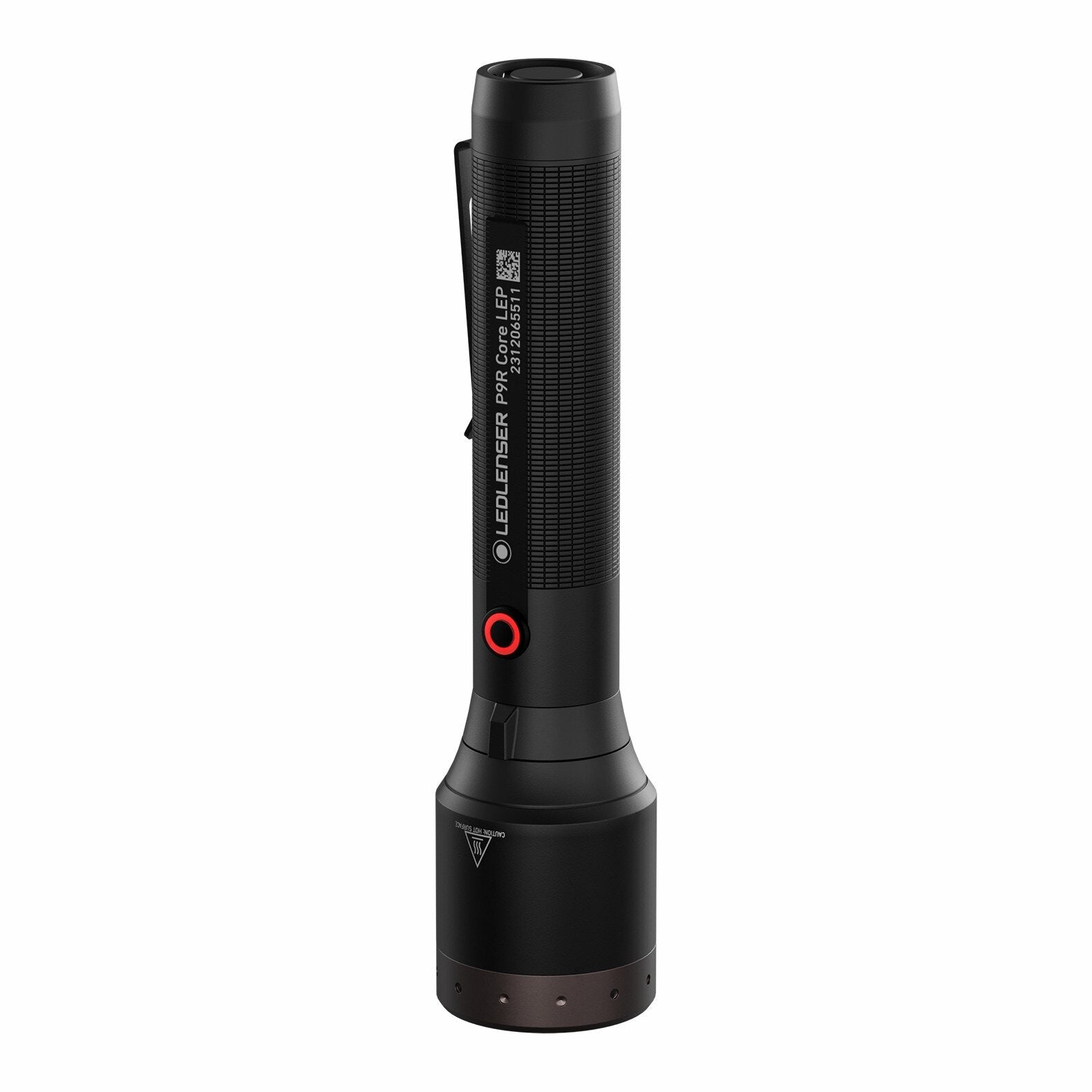 Die schwarze LEDLENSER Ledlenser Taschenlampe P9R Core LEP mit strukturiertem Griff, Clip, runder Einschalttaste und LEP Technologie steht aufrecht auf ihrem Schwanz vor weißem Hintergrund.